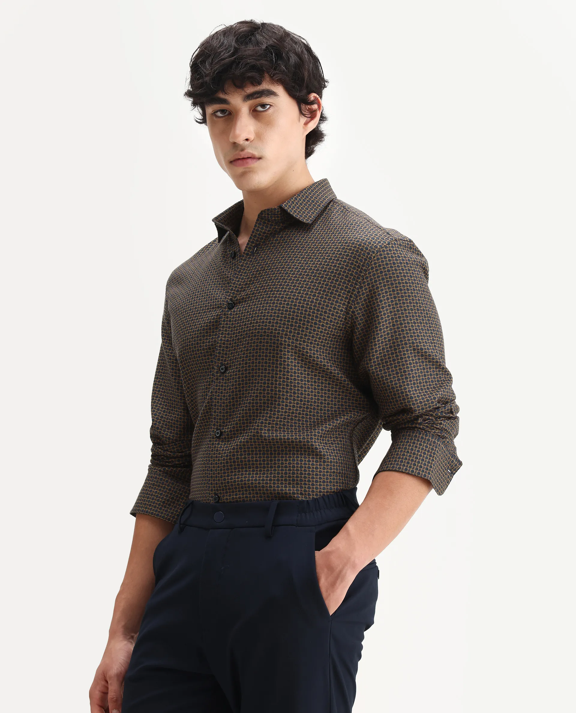 Rare Rabbit Men's Juxe Brown Cotton Fabric Spread Collar Regular Fit Geometric Print Shirt - Image 4