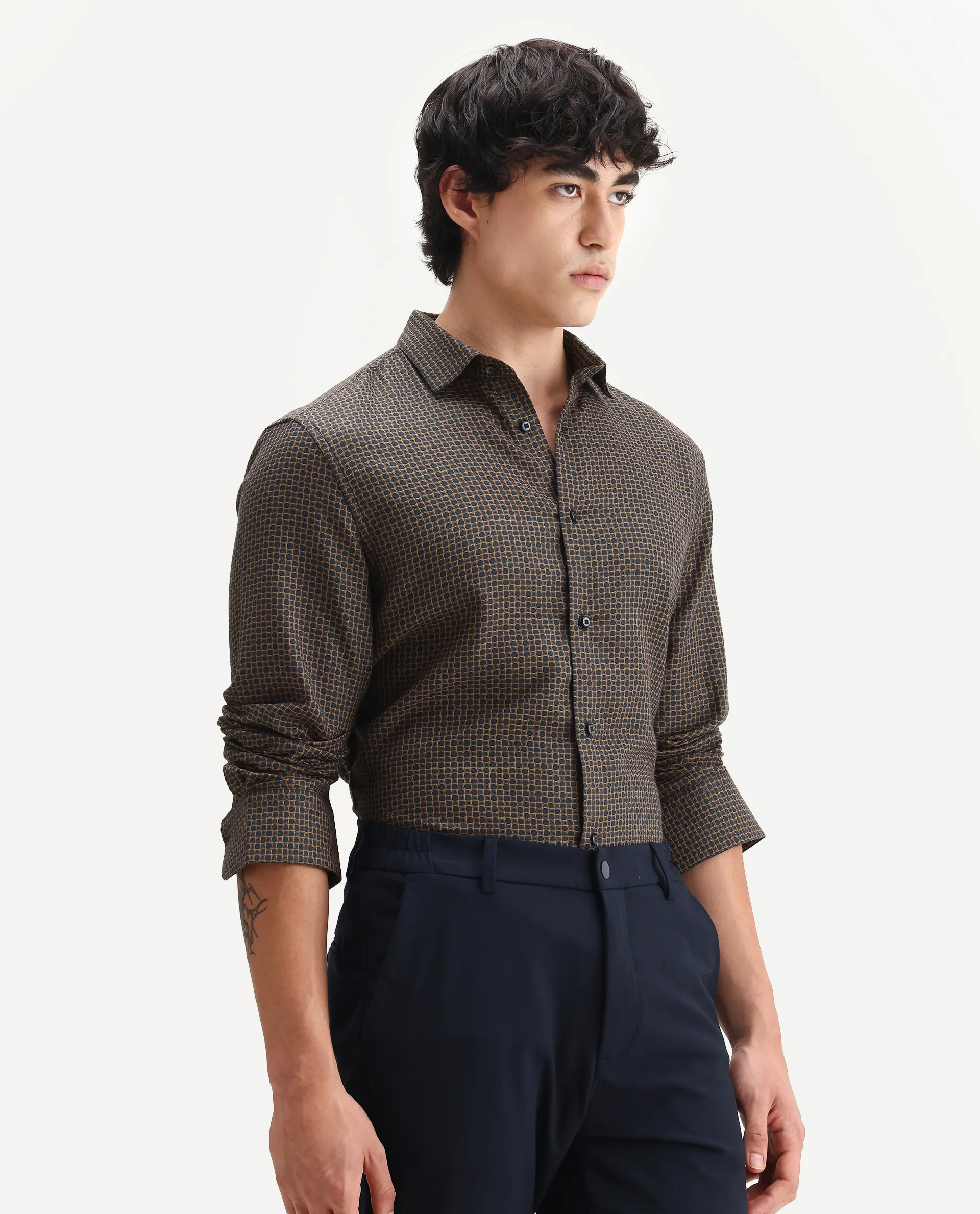 Rare Rabbit Men's Juxe Brown Cotton Fabric Spread Collar Regular Fit Geometric Print Shirt - Image 5