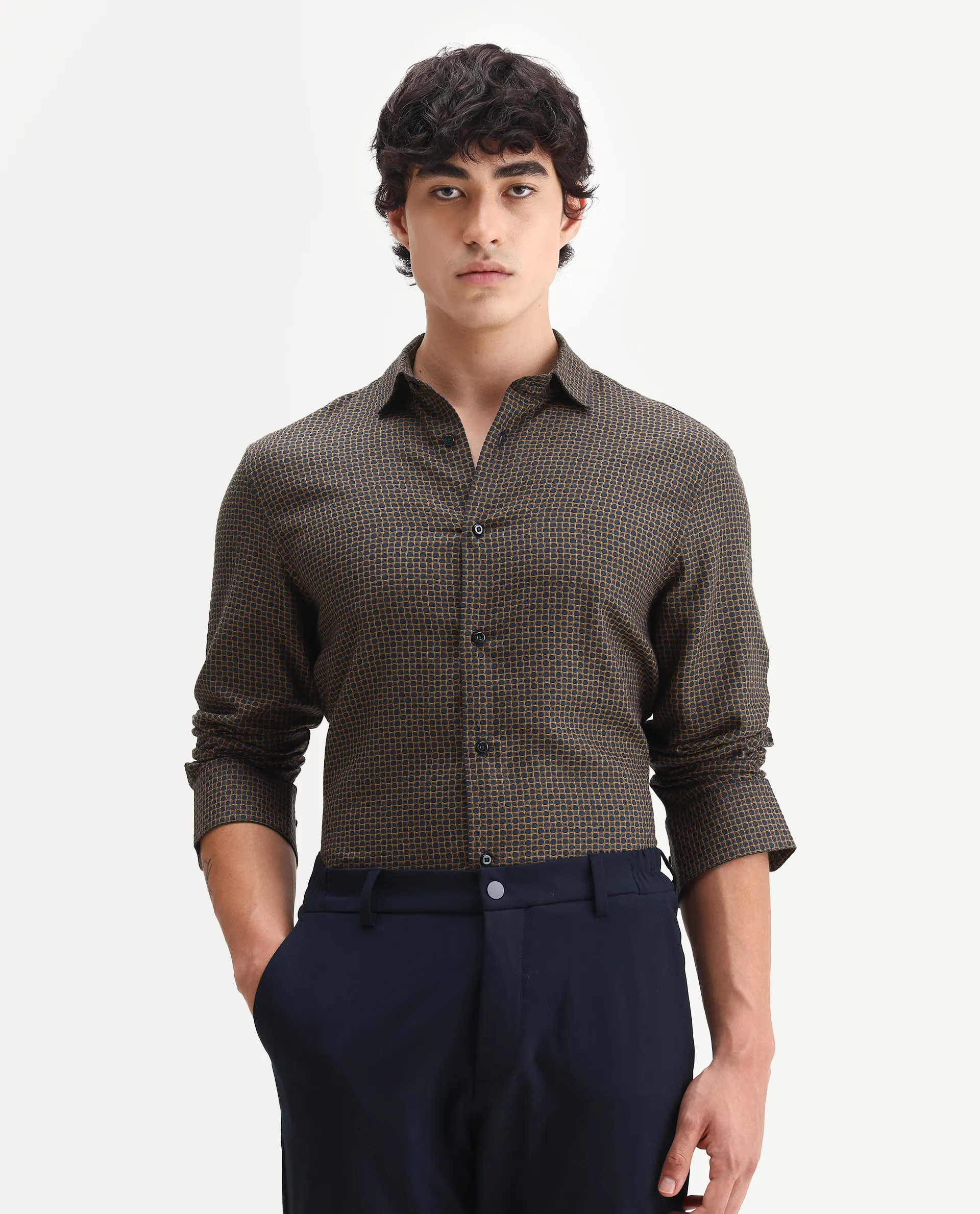 Rare Rabbit Men's Juxe Brown Cotton Fabric Spread Collar Regular Fit Geometric Print Shirt - Image 6