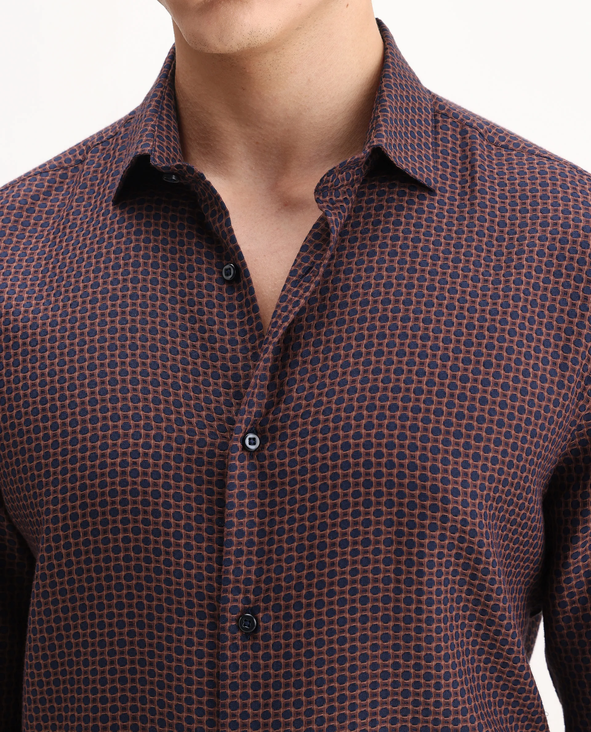 Rare Rabbit Men's Juxe Dark Red Cotton Fabric Spread Collar Regular Fit Geometric Print Shirt - Image 3