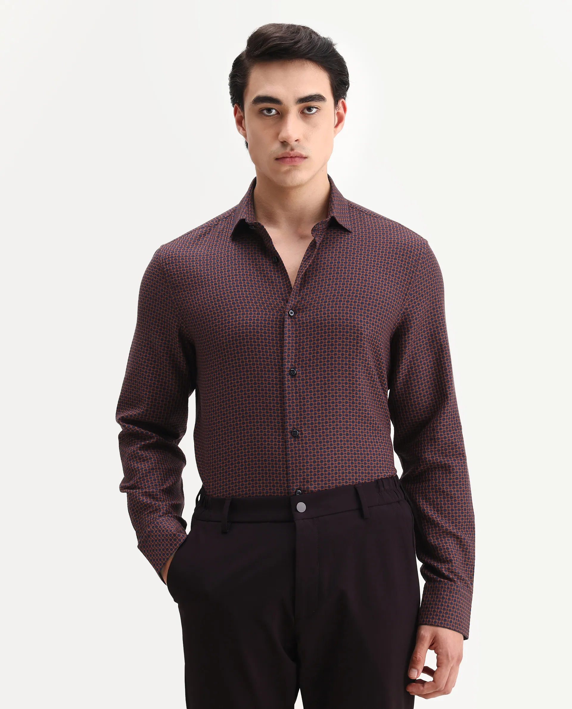 Rare Rabbit Men's Juxe Dark Red Cotton Fabric Spread Collar Regular Fit Geometric Print Shirt - Image 4