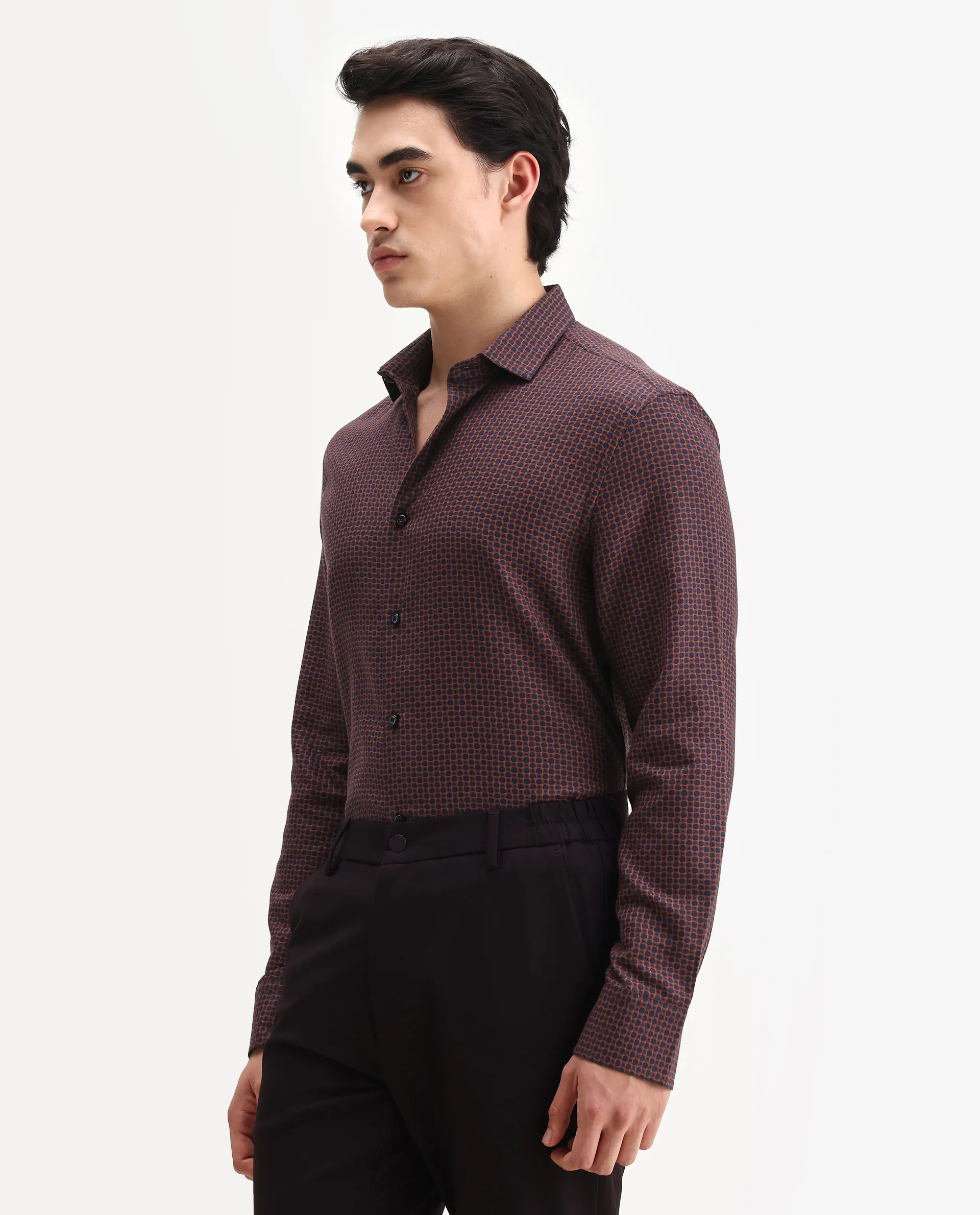 Rare Rabbit Men's Juxe Dark Red Cotton Fabric Spread Collar Regular Fit Geometric Print Shirt - Image 5