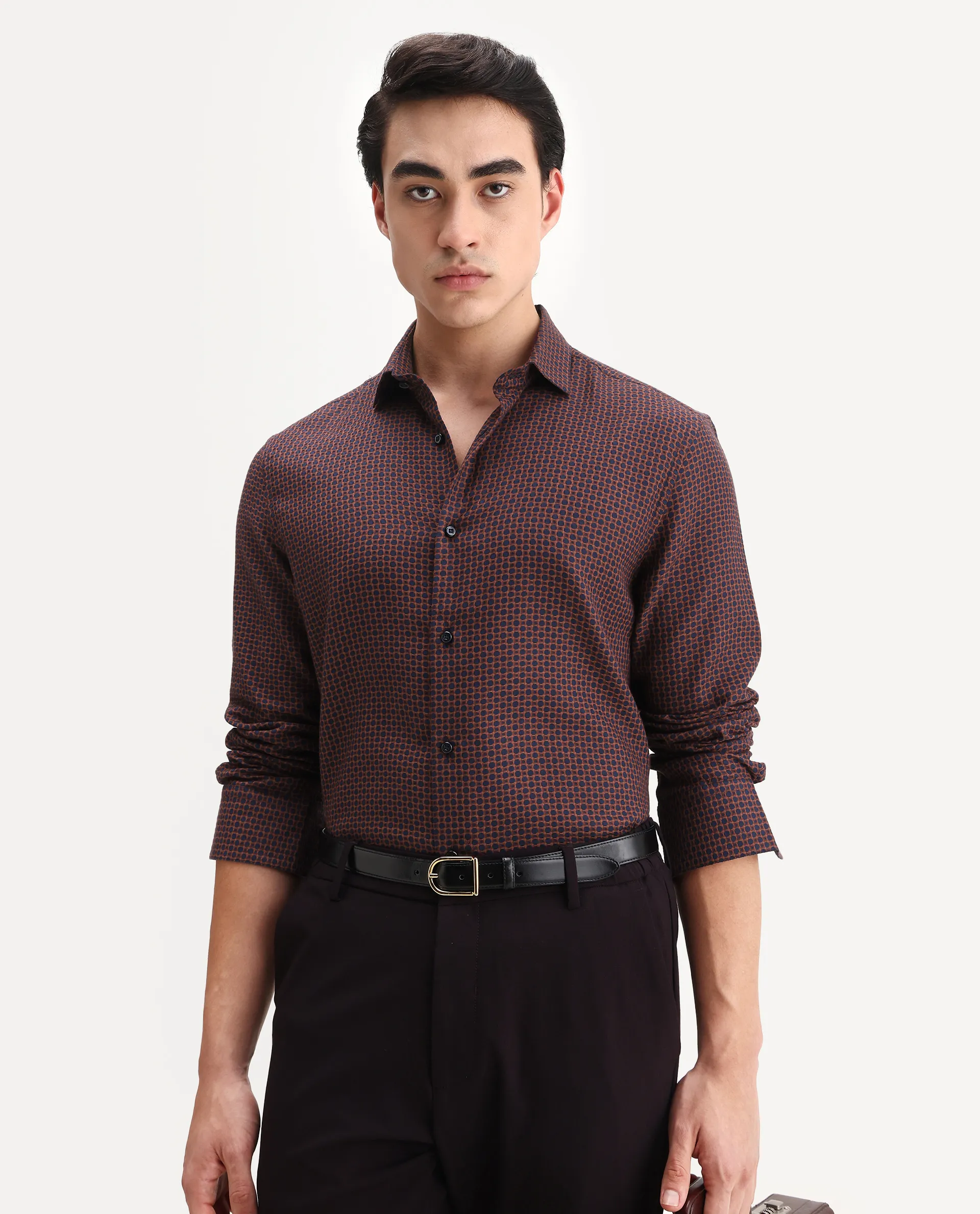Rare Rabbit Men's Juxe Dark Red Cotton Fabric Spread Collar Regular Fit Geometric Print Shirt - Image 7