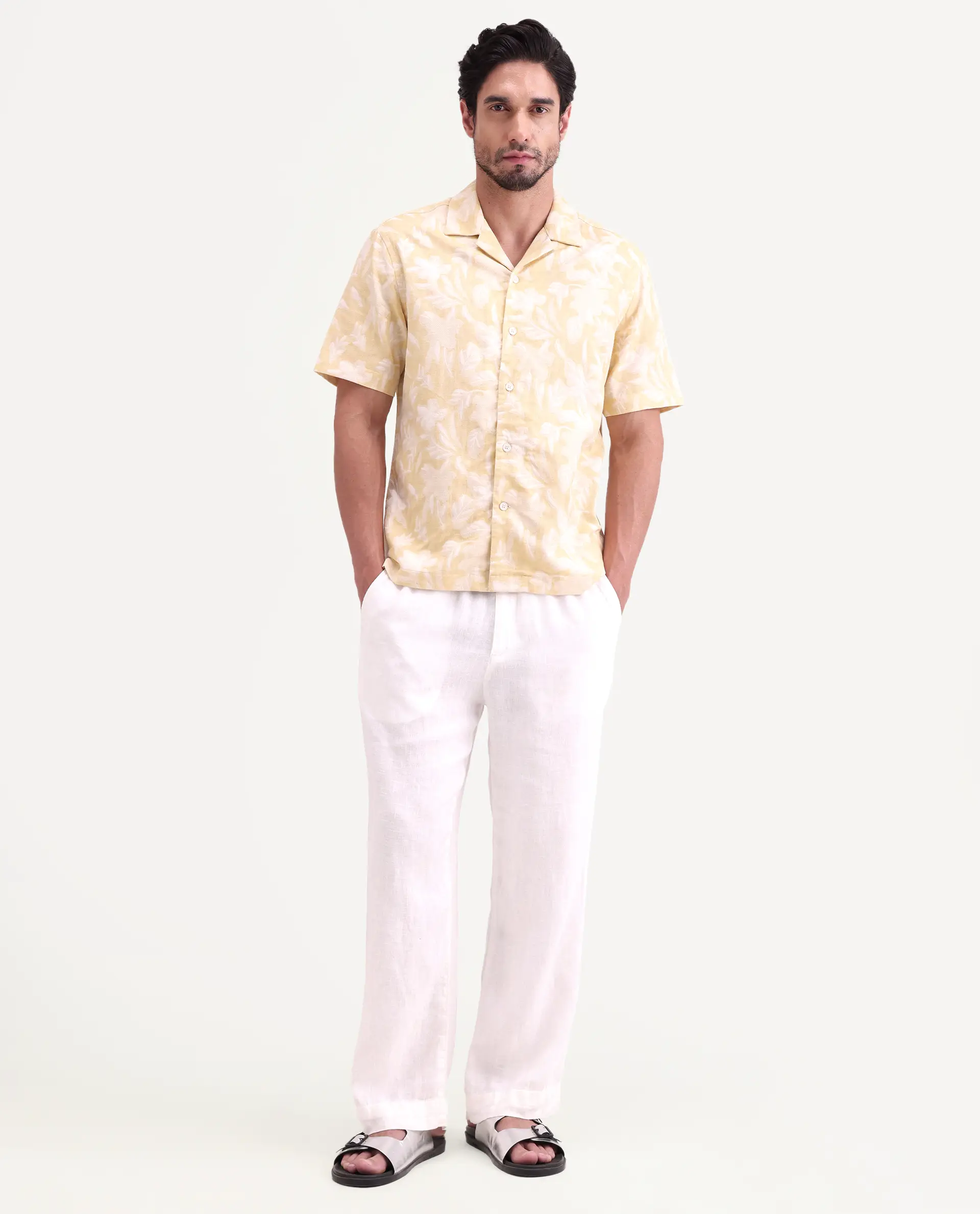 Rare Rabbit Men's Jyst Yellow Cotton Blend Half Sleeve Cuban Collar Regular Fit Jacquard Shirt - Image 2