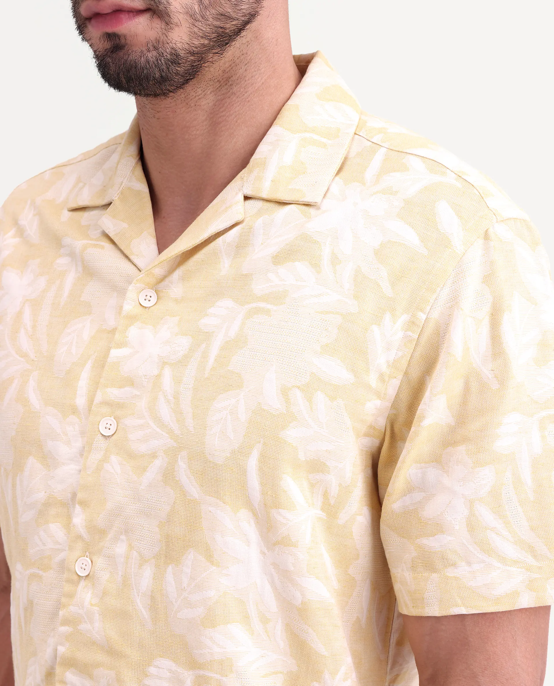 Rare Rabbit Men's Jyst Yellow Cotton Blend Half Sleeve Cuban Collar Regular Fit Jacquard Shirt - Image 3