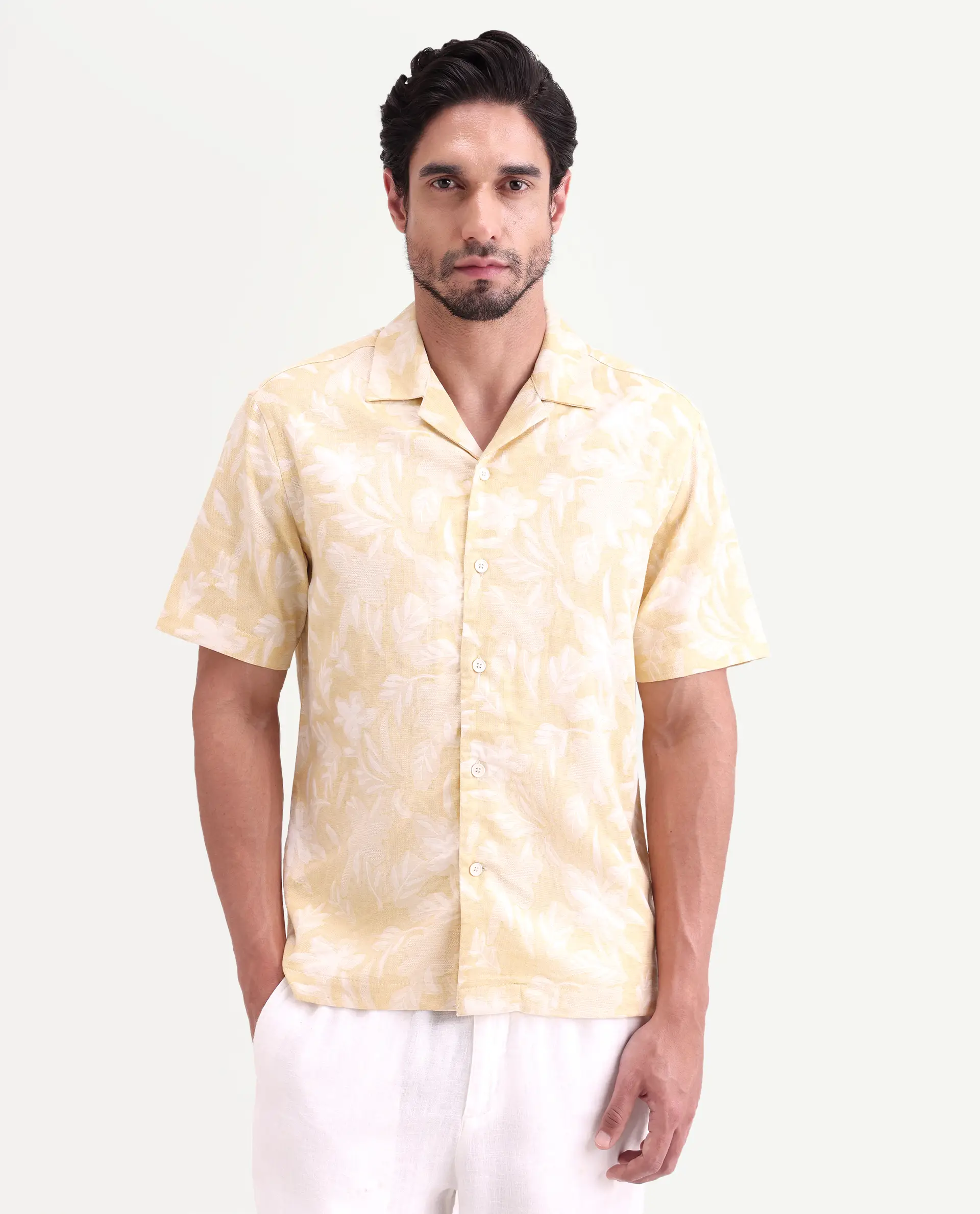 Rare Rabbit Men's Jyst Yellow Cotton Blend Half Sleeve Cuban Collar Regular Fit Jacquard Shirt - Image 4
