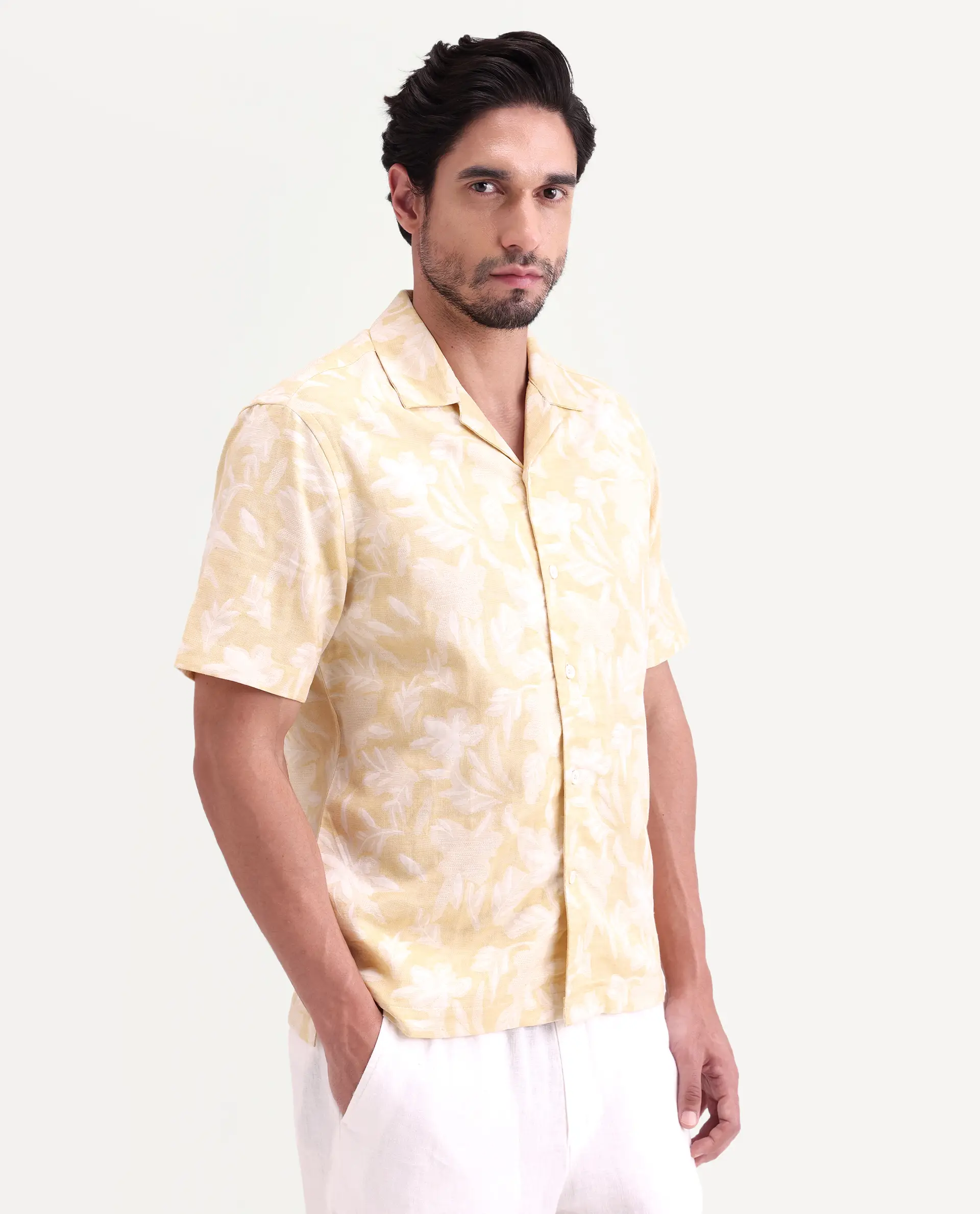 Rare Rabbit Men's Jyst Yellow Cotton Blend Half Sleeve Cuban Collar Regular Fit Jacquard Shirt - Image 5