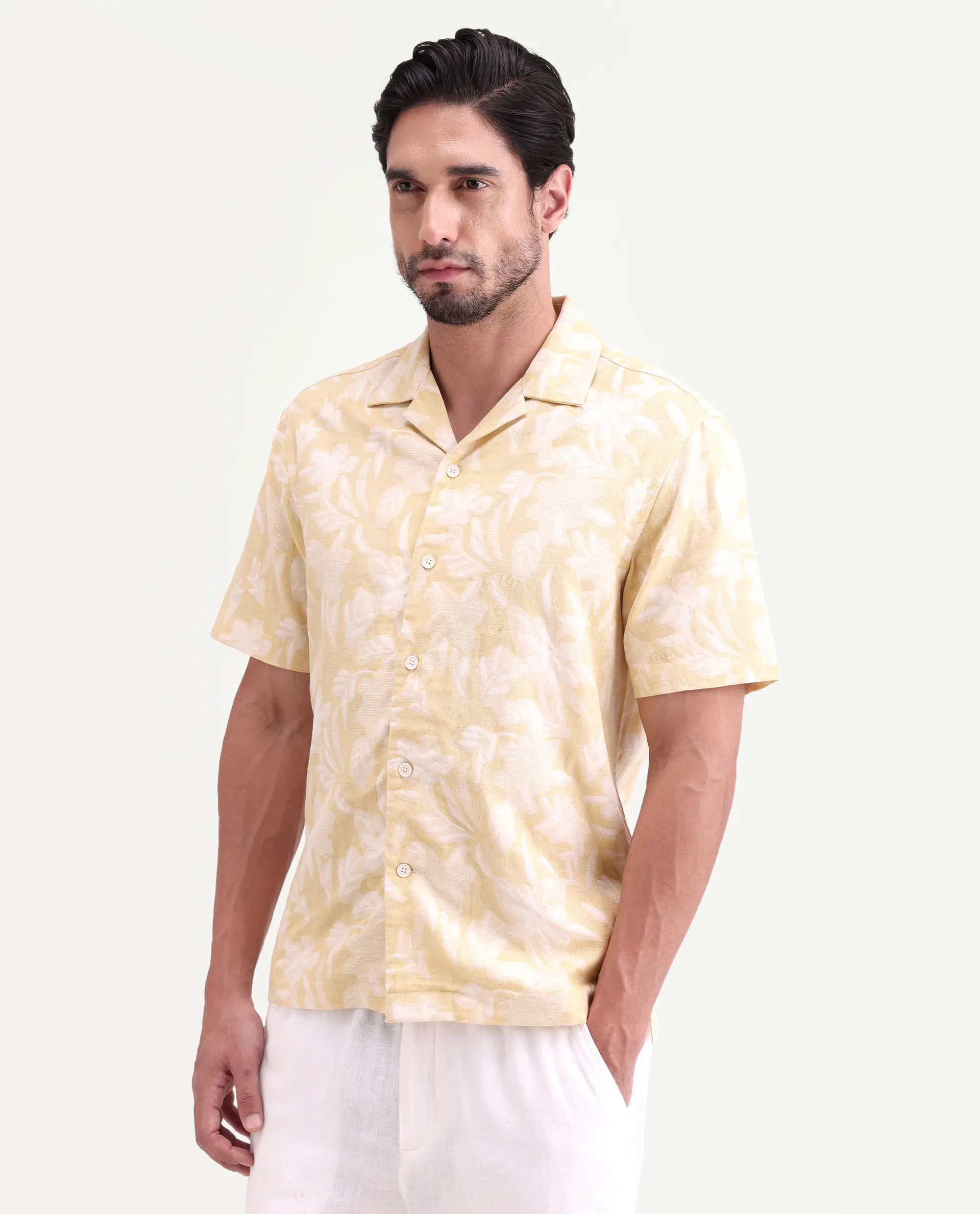 Rare Rabbit Men's Jyst Yellow Cotton Blend Half Sleeve Cuban Collar Regular Fit Jacquard Shirt - Image 6