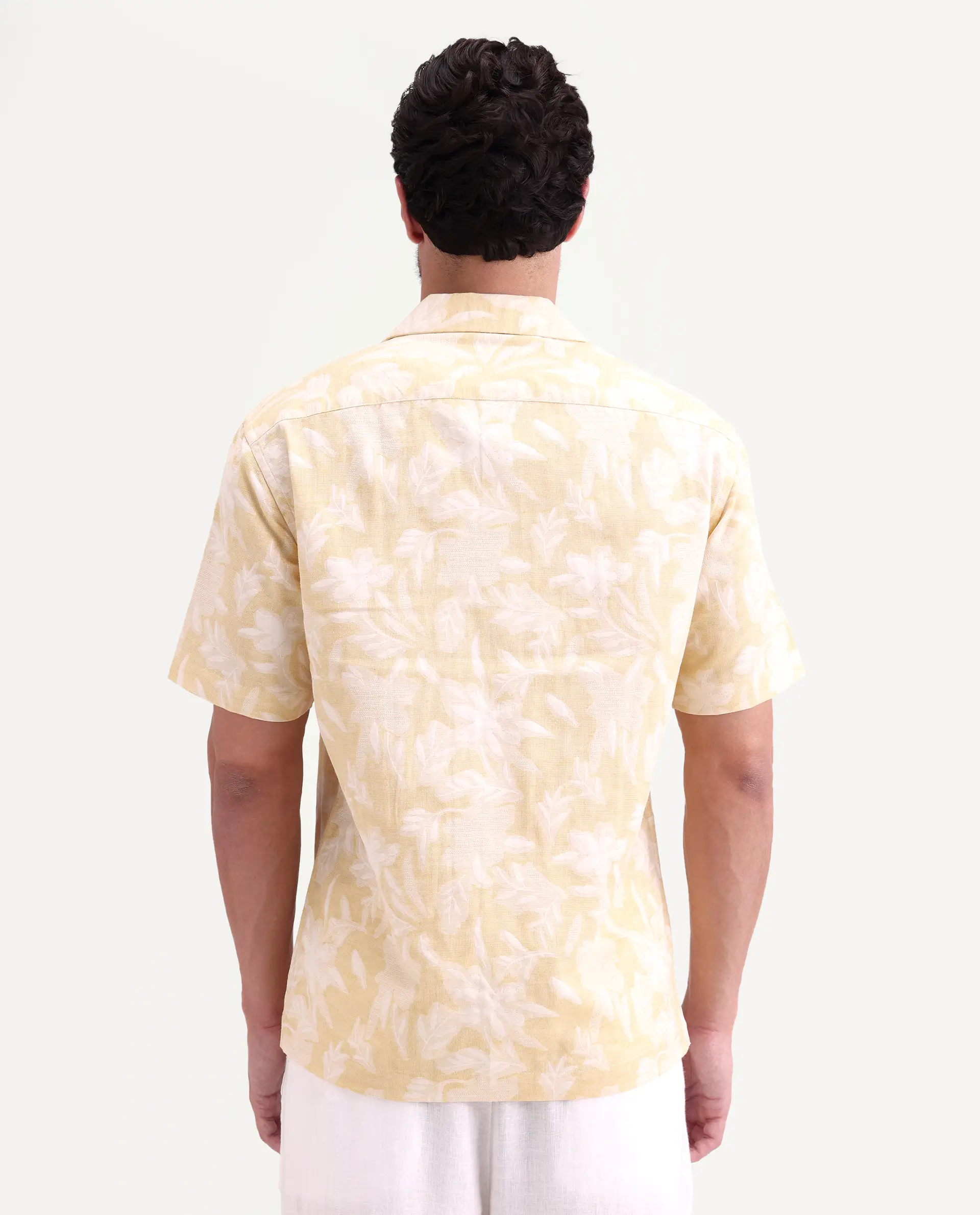Rare Rabbit Men's Jyst Yellow Cotton Blend Half Sleeve Cuban Collar Regular Fit Jacquard Shirt - Image 7