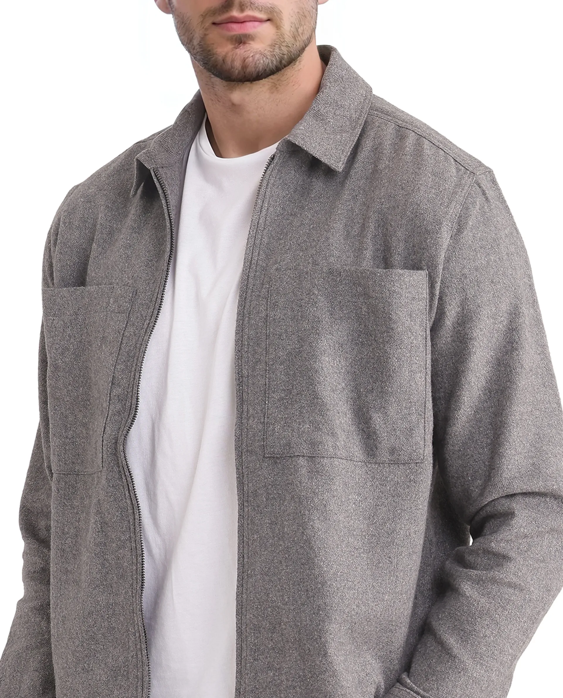 Rare Rabbit Men's Kaai Dark Grey Polyester Blend Plain Regular Fit Full Sleeve Collared Shacket - Image 3