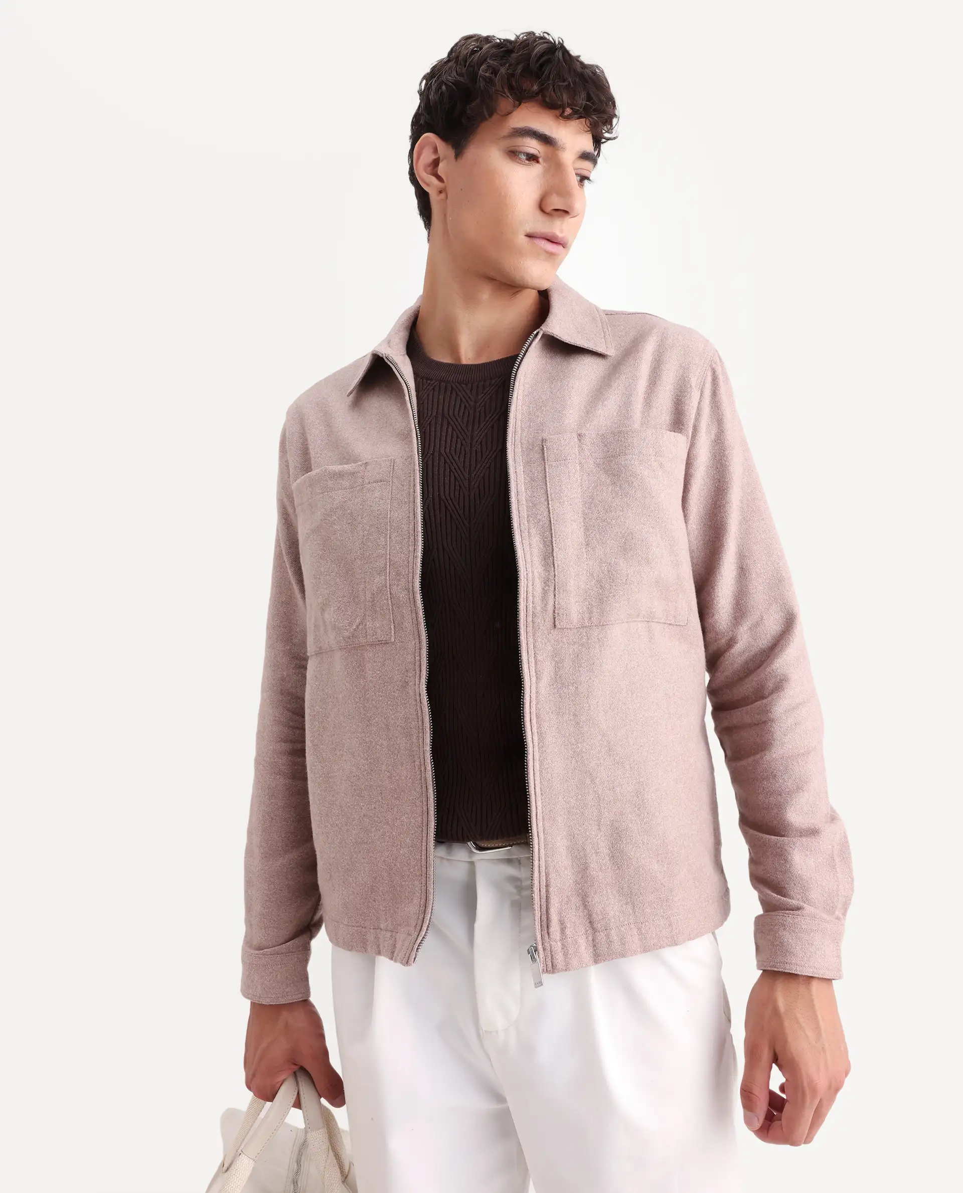 Rare Rabbit Men's Kaai Peach Polyester Blend Plain Regular Fit Full Sleeve Collared Shacket