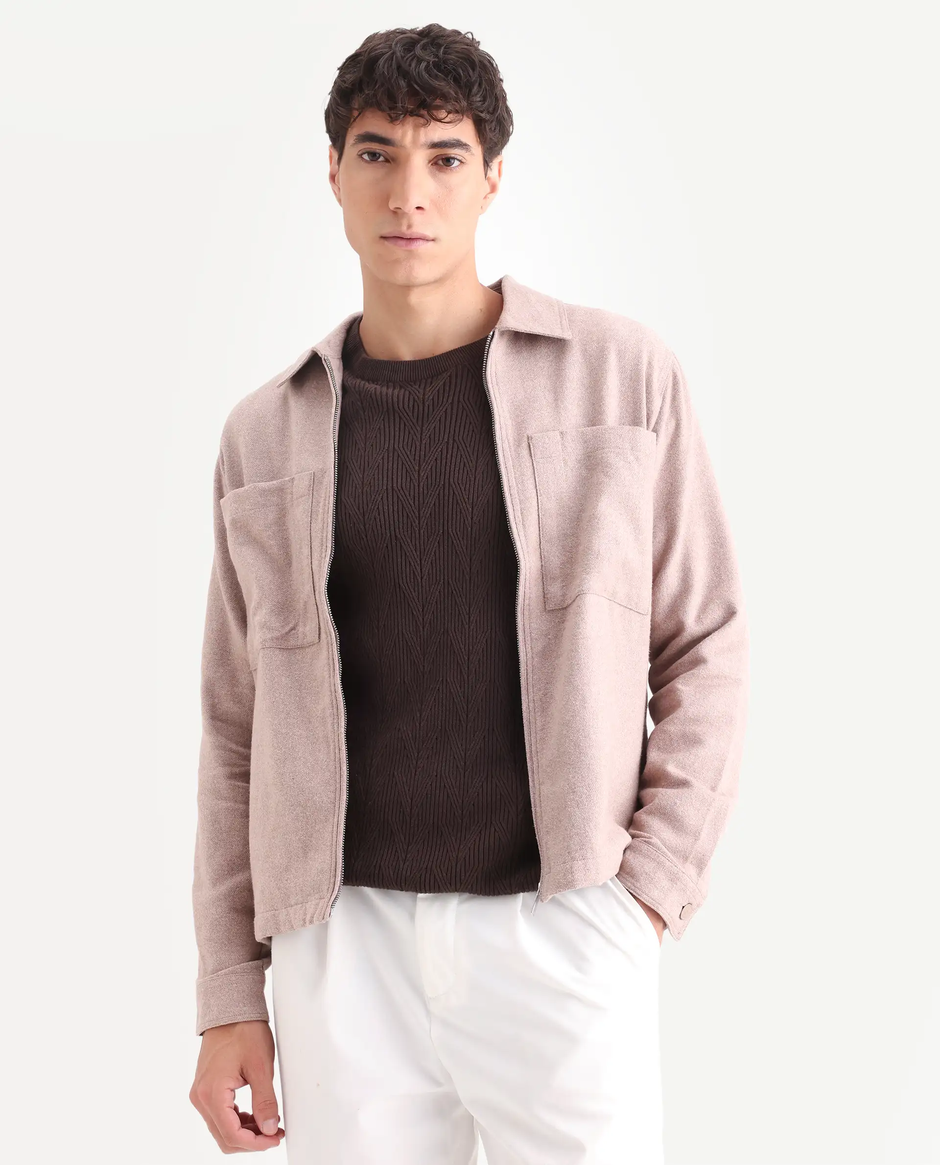 Rare Rabbit Men's Kaai Peach Polyester Blend Plain Regular Fit Full Sleeve Collared Shacket - Image 3