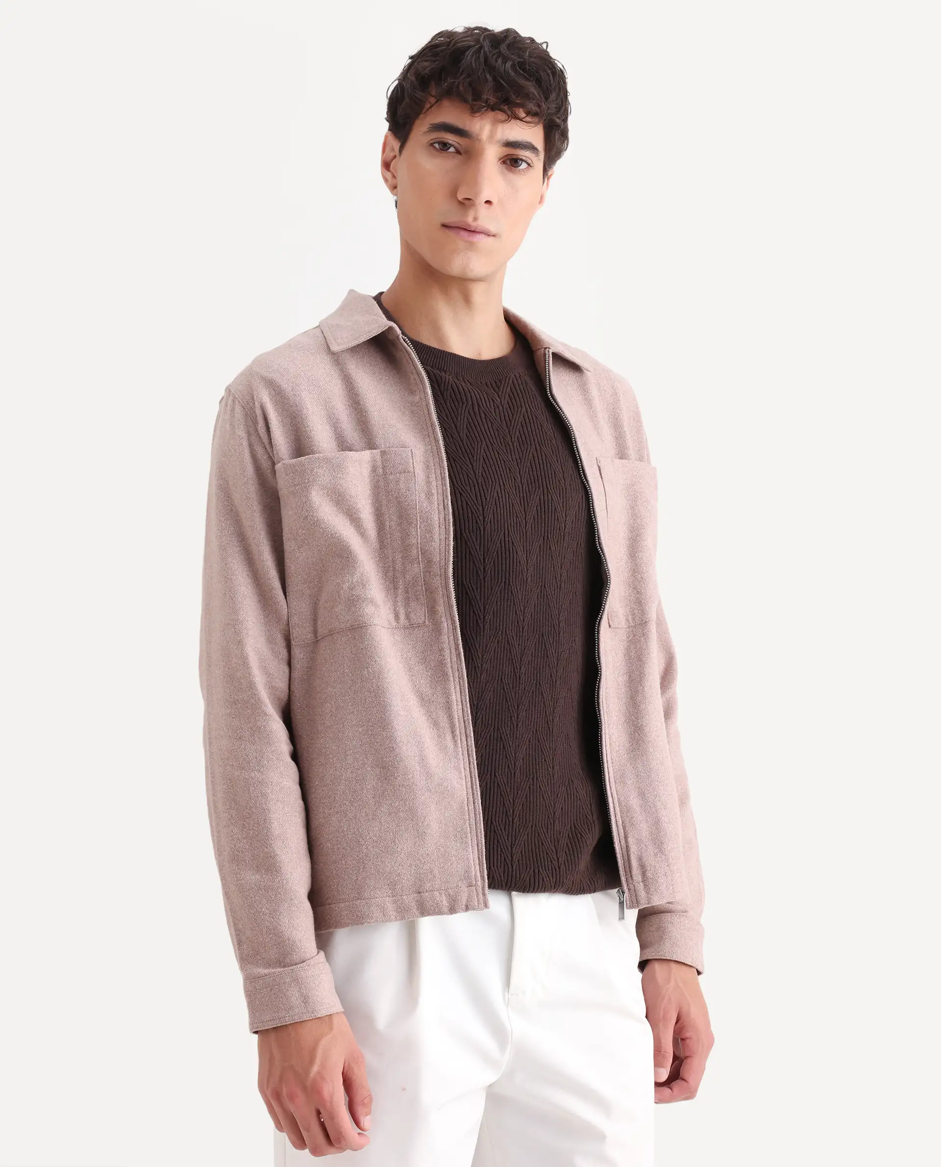 Rare Rabbit Men's Kaai Peach Polyester Blend Plain Regular Fit Full Sleeve Collared Shacket - Image 5