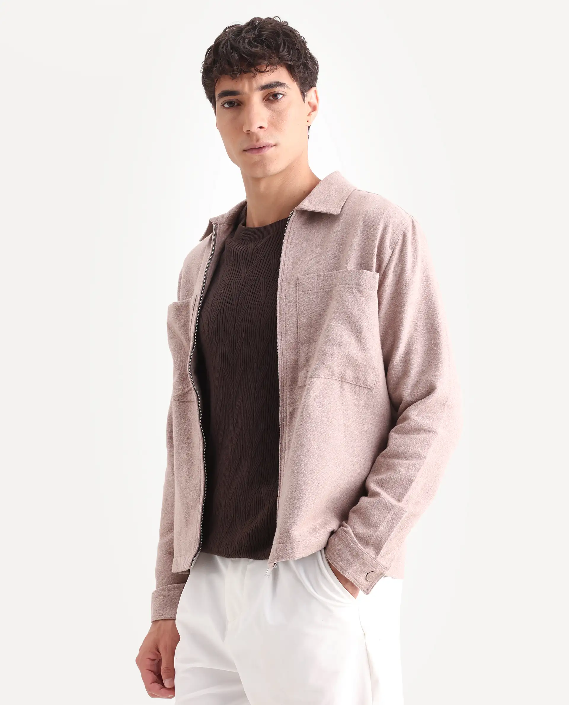 Rare Rabbit Men's Kaai Peach Polyester Blend Plain Regular Fit Full Sleeve Collared Shacket - Image 6