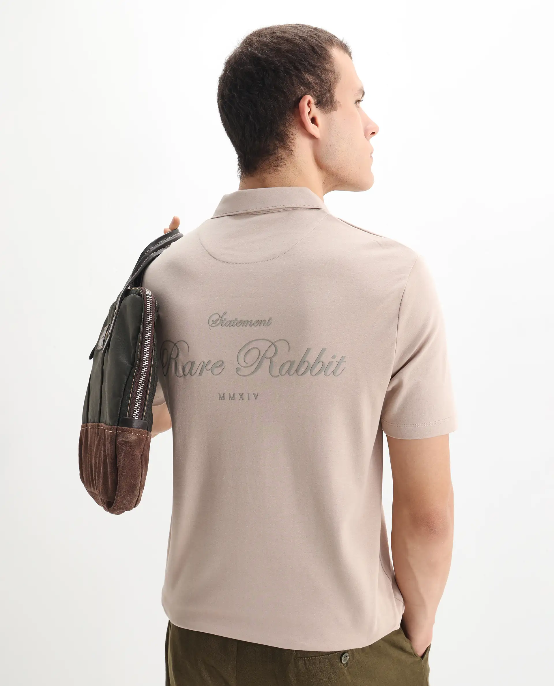 Rare Rabbit Men's Kace Beige Cotton Plain Oversized Fit Half Sleeve Polo