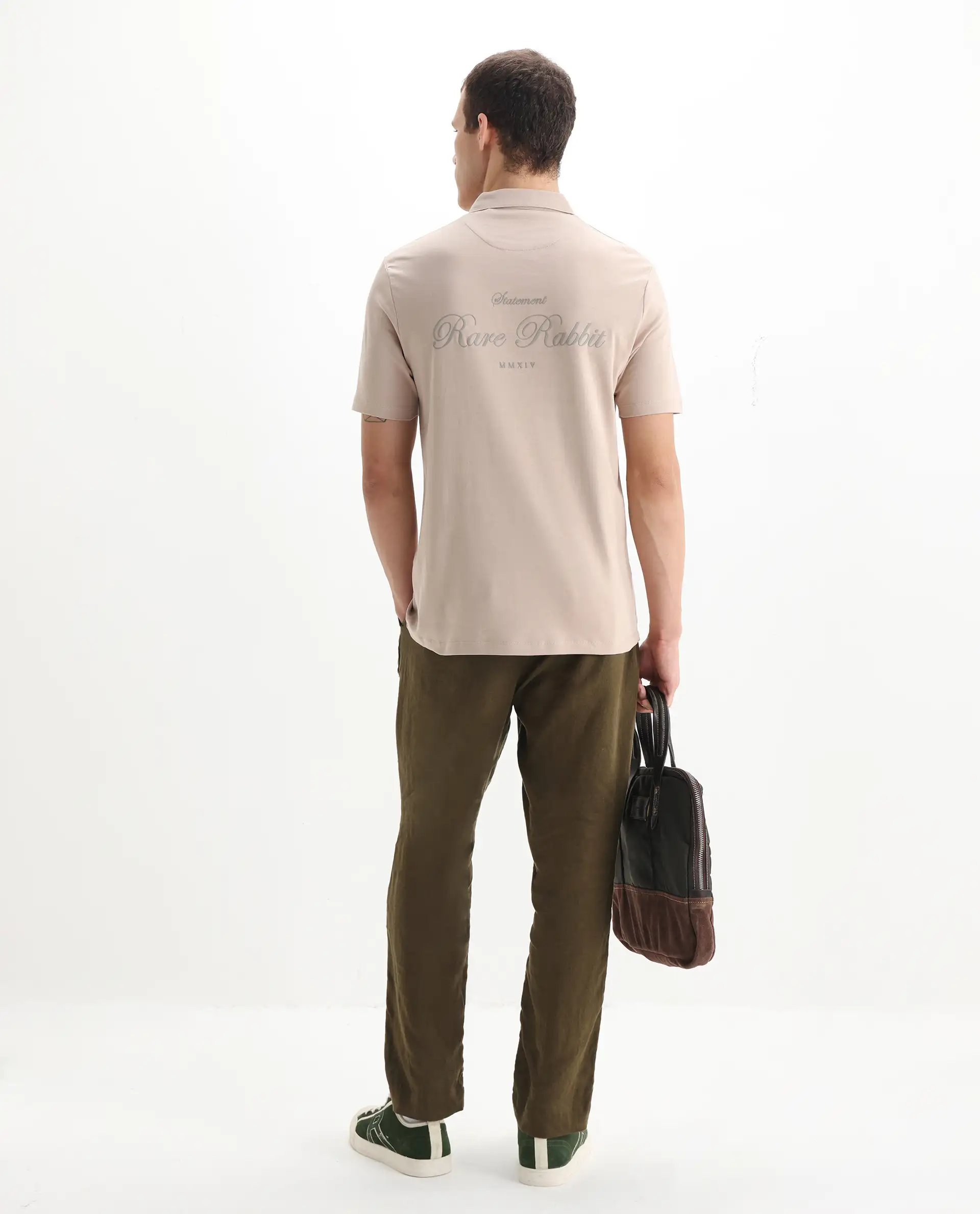 Rare Rabbit Men's Kace Beige Cotton Plain Oversized Fit Half Sleeve Polo - Image 2