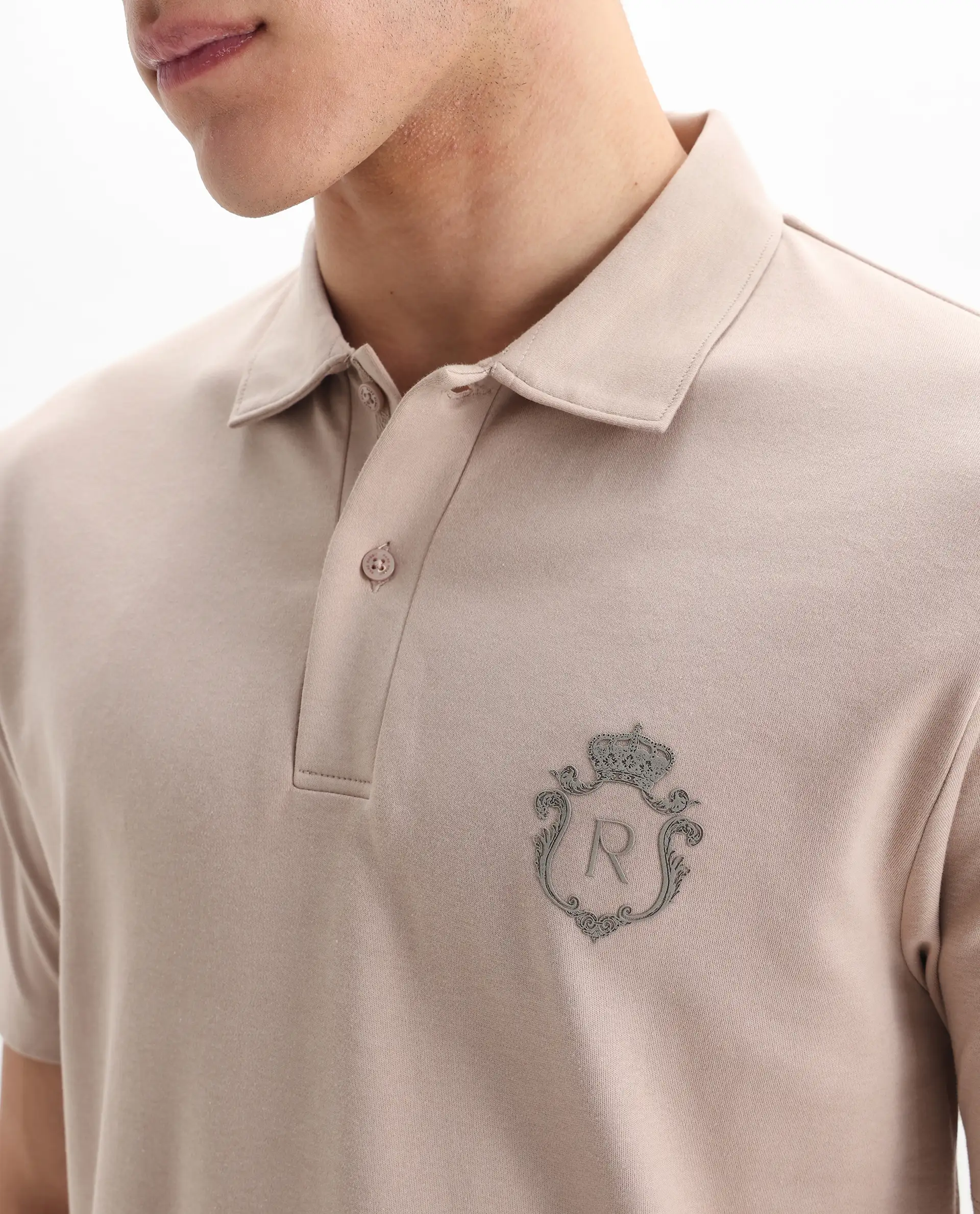 Rare Rabbit Men's Kace Beige Cotton Plain Oversized Fit Half Sleeve Polo - Image 3