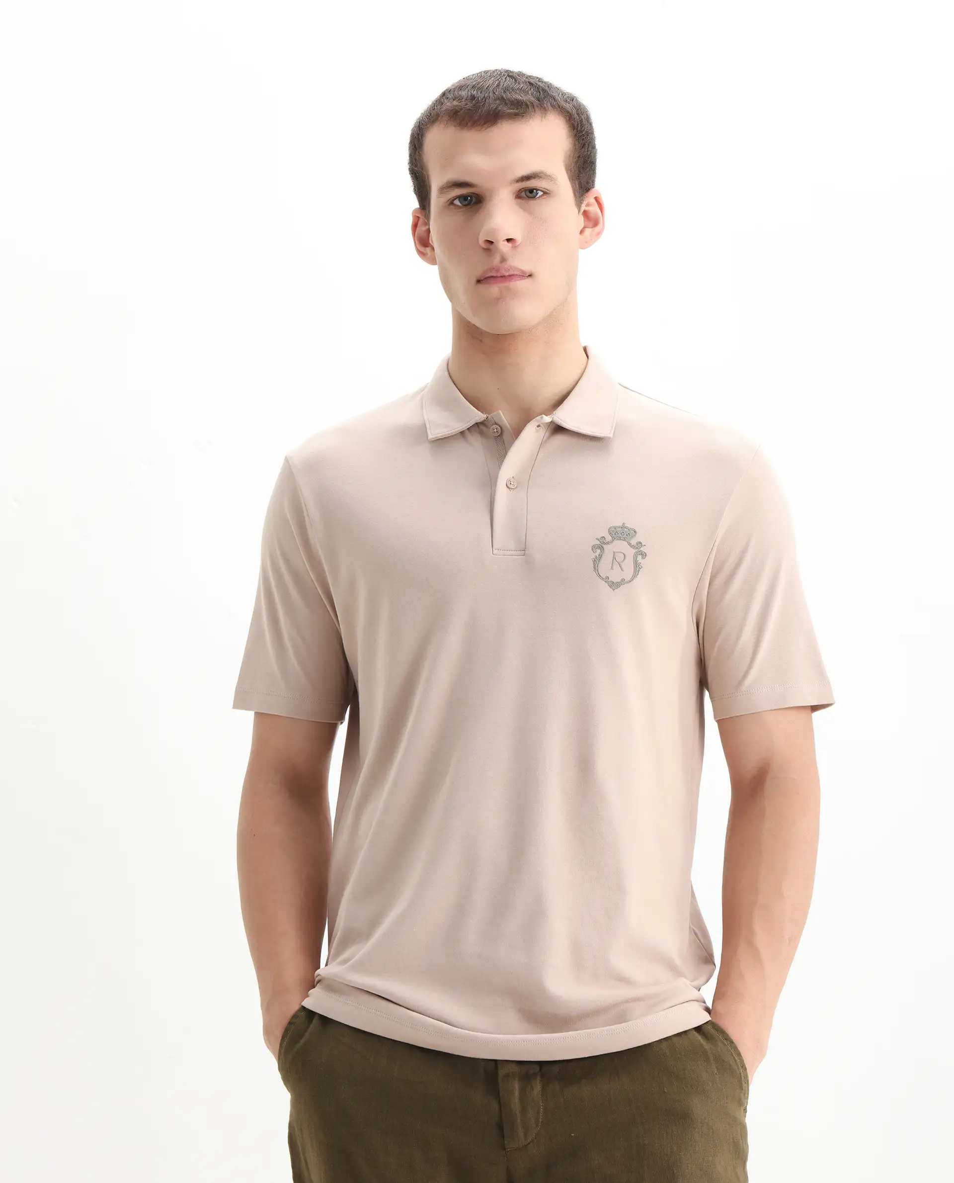 Rare Rabbit Men's Kace Beige Cotton Plain Oversized Fit Half Sleeve Polo - Image 5