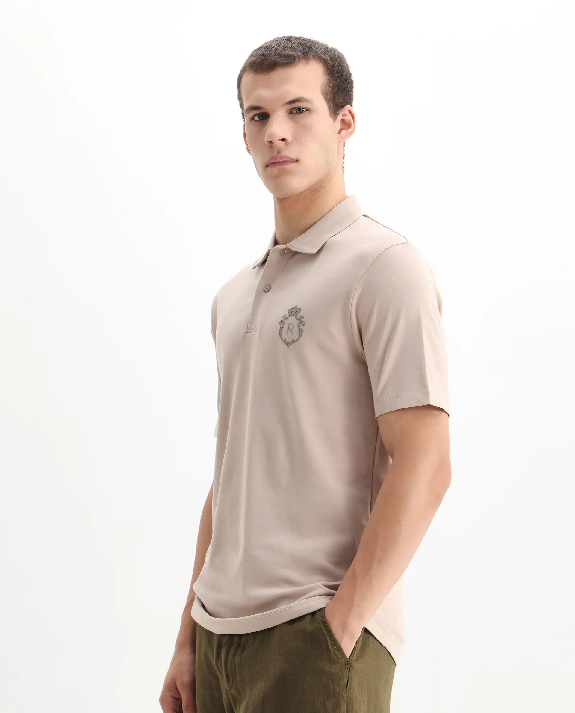 Rare Rabbit Men's Kace Beige Cotton Plain Oversized Fit Half Sleeve Polo - Image 6