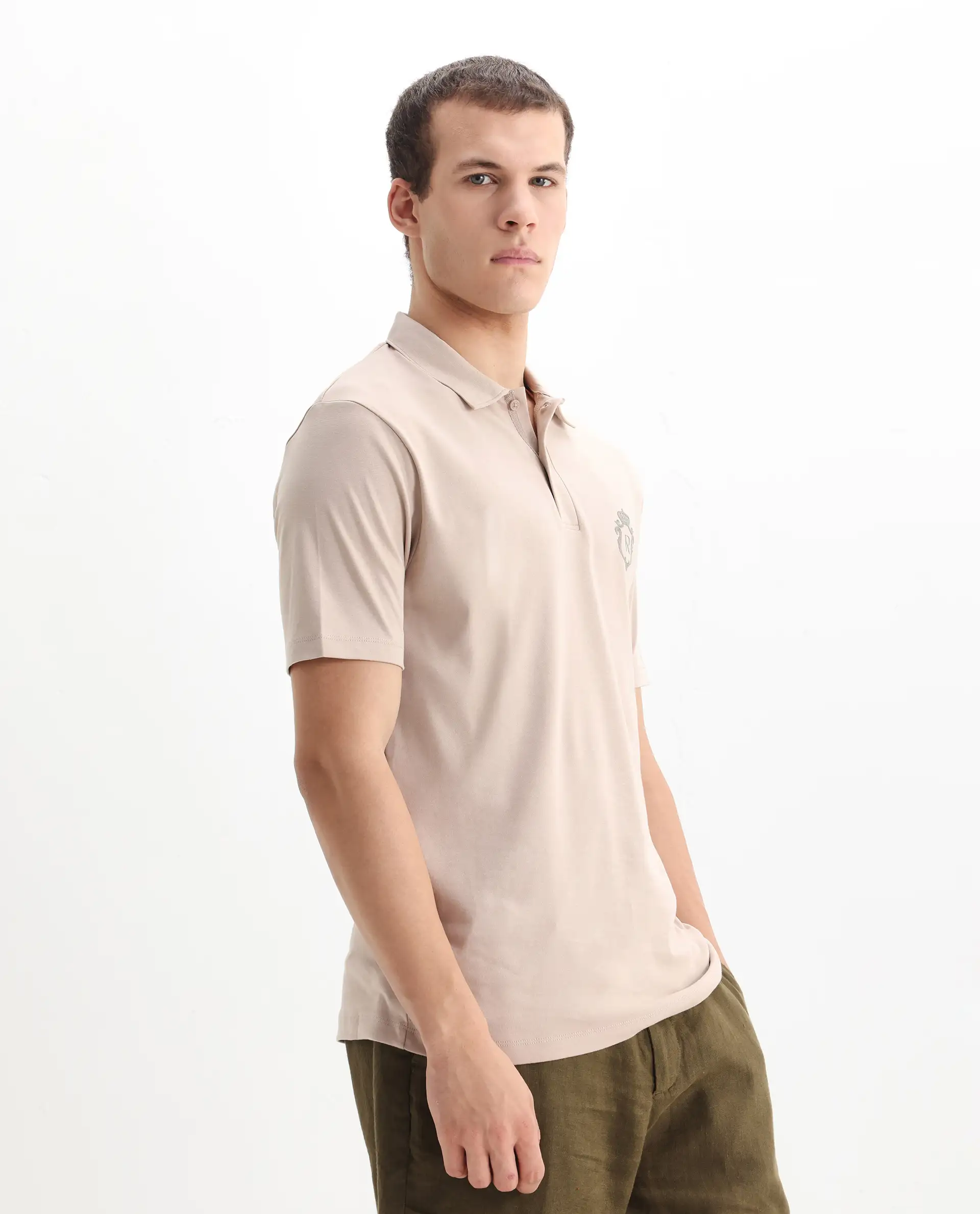 Rare Rabbit Men's Kace Beige Cotton Plain Oversized Fit Half Sleeve Polo - Image 7