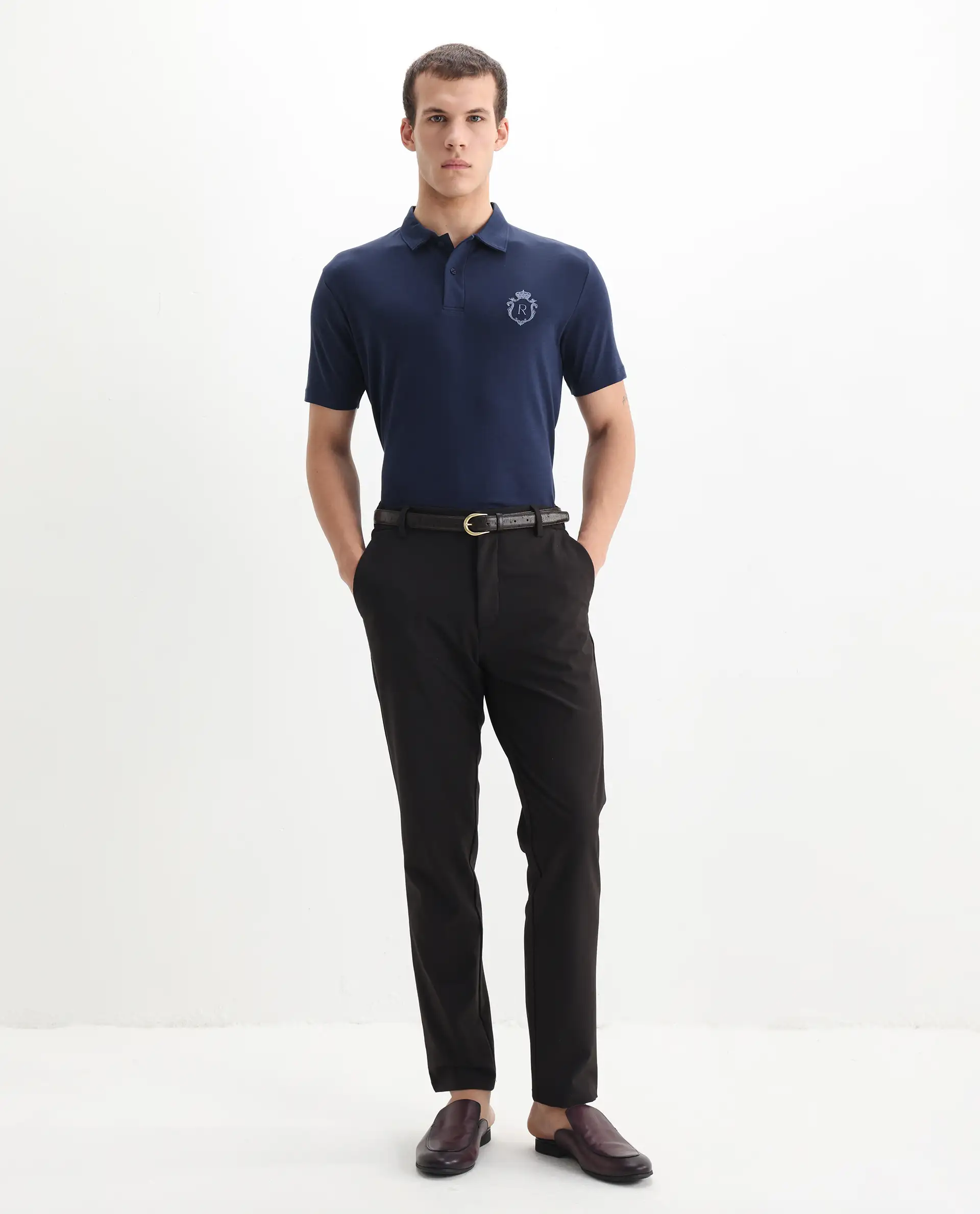 Rare Rabbit Men's Kace Dark Navy Cotton Plain Oversized Fit Half Sleeve Polo - Image 2