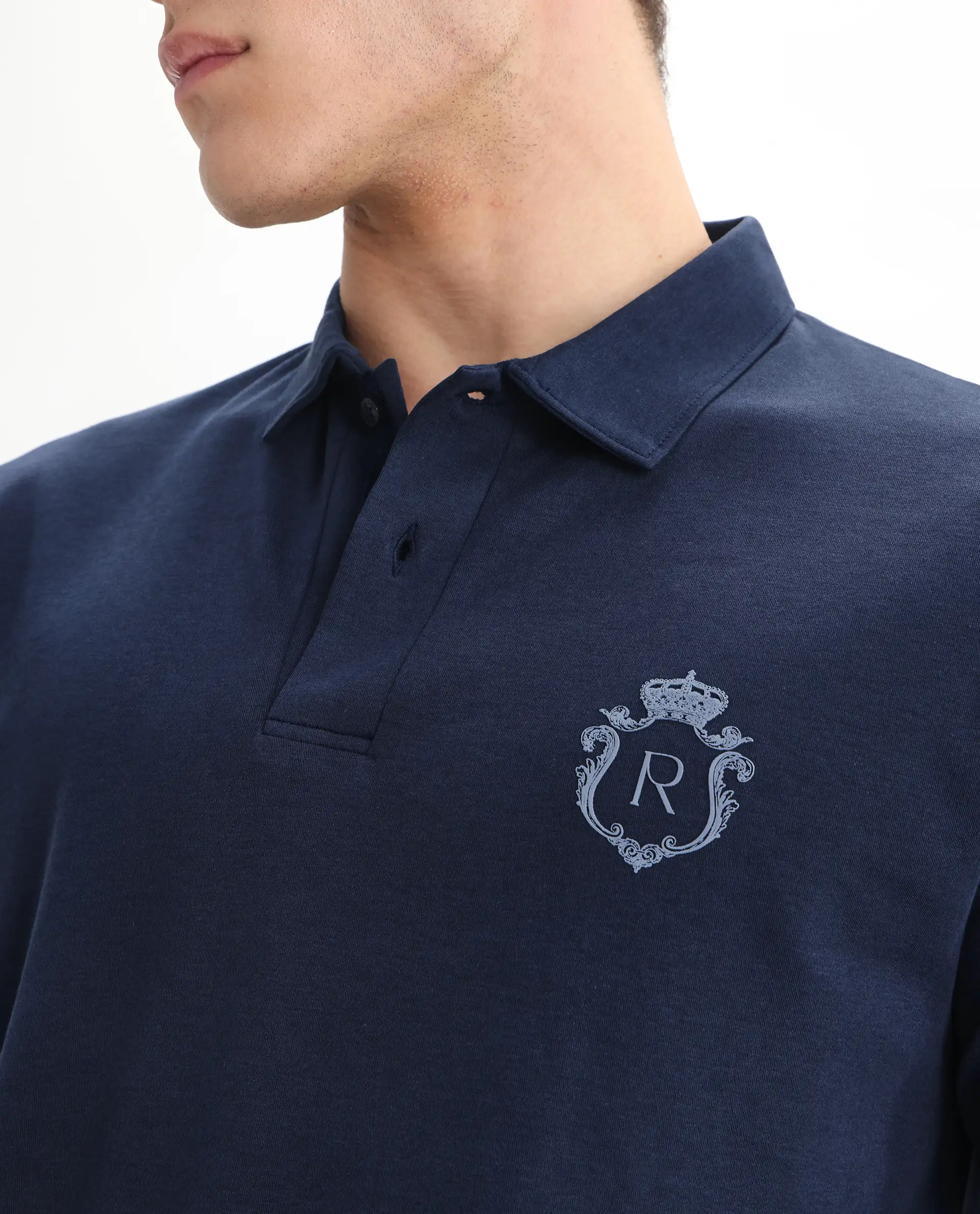 Rare Rabbit Men's Kace Dark Navy Cotton Plain Oversized Fit Half Sleeve Polo - Image 3
