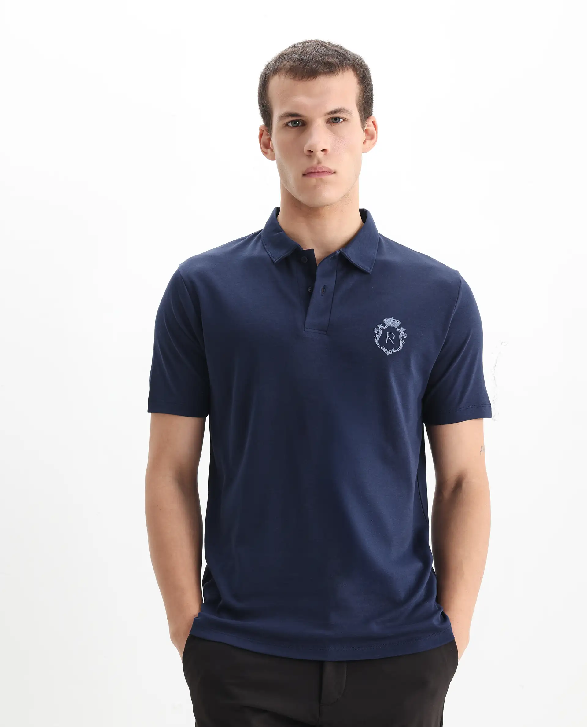 Rare Rabbit Men's Kace Dark Navy Cotton Plain Oversized Fit Half Sleeve Polo - Image 4