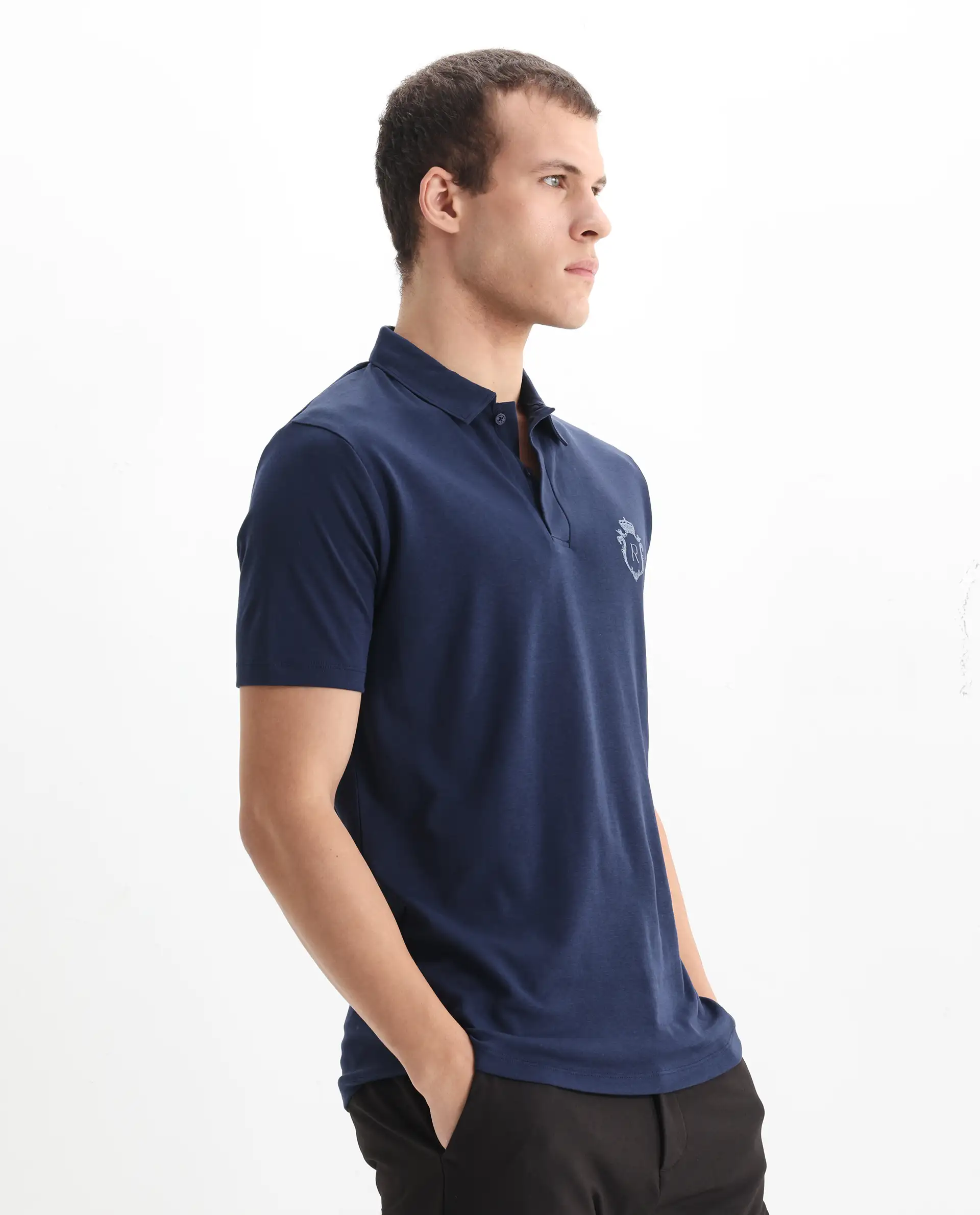 Rare Rabbit Men's Kace Dark Navy Cotton Plain Oversized Fit Half Sleeve Polo - Image 5