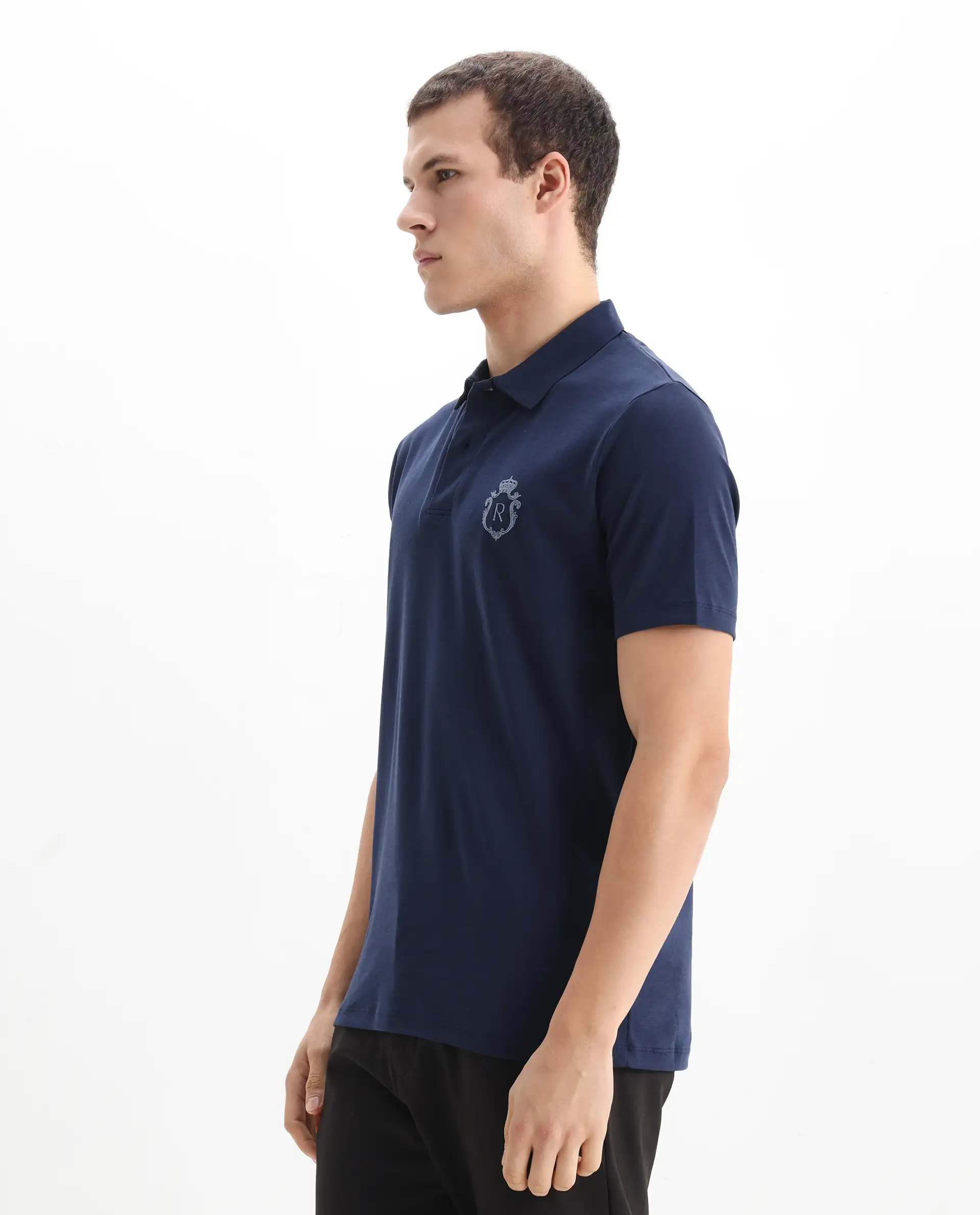 Rare Rabbit Men's Kace Dark Navy Cotton Plain Oversized Fit Half Sleeve Polo - Image 6