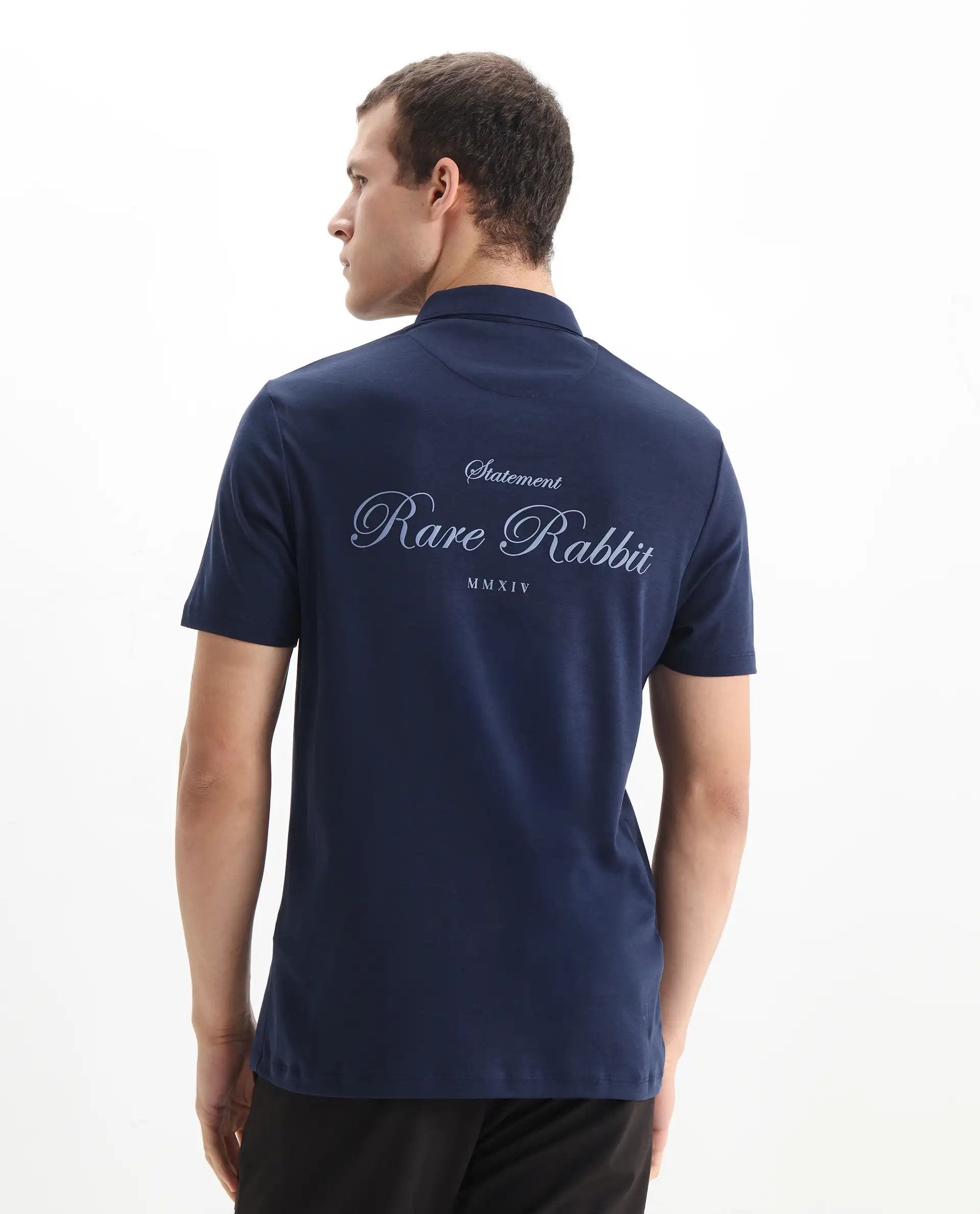 Rare Rabbit Men's Kace Dark Navy Cotton Plain Oversized Fit Half Sleeve Polo - Image 7
