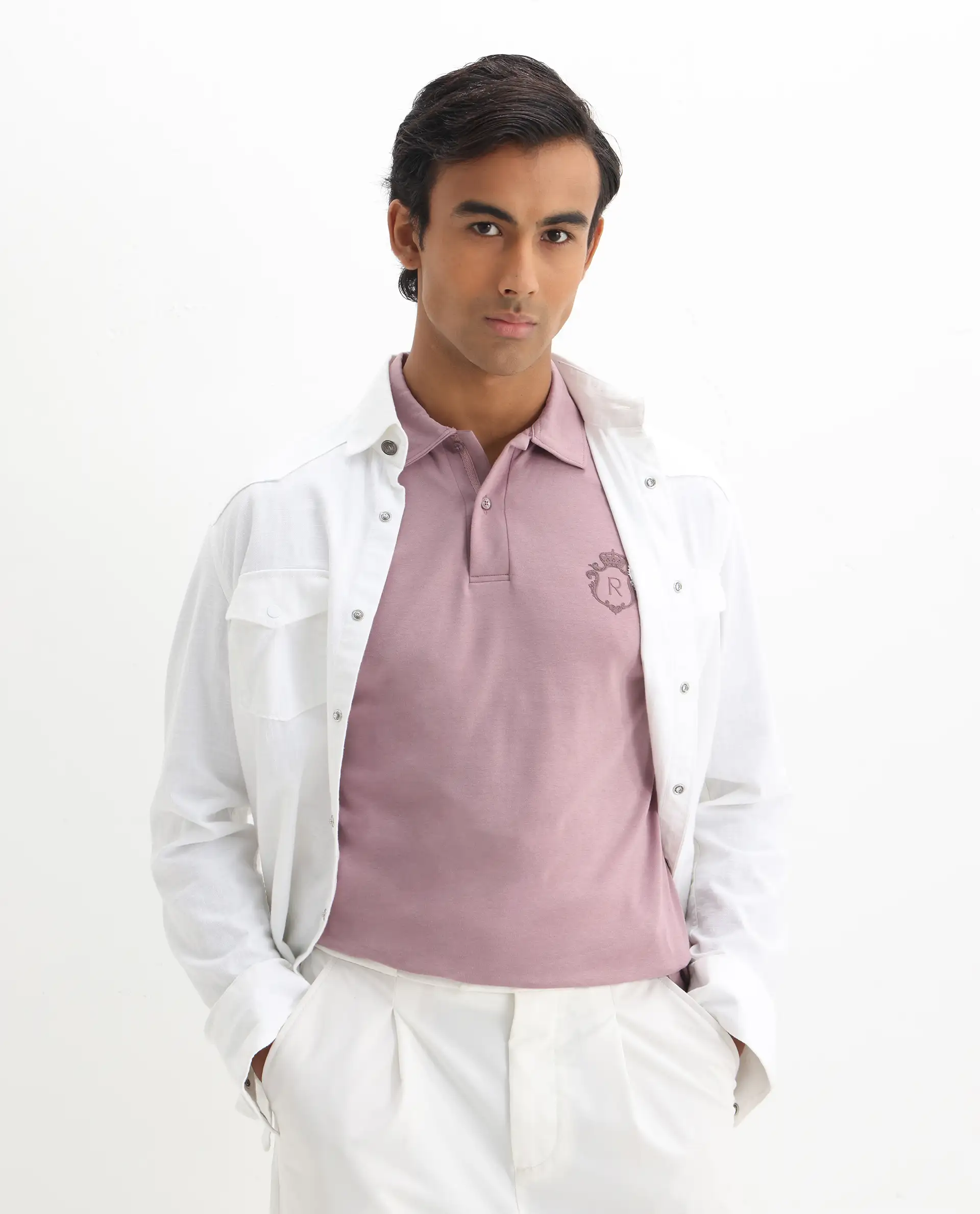 Rare Rabbit Men's Kace - Dusky Pink Cotton Plain Oversized Fit Half Sleeve Polo