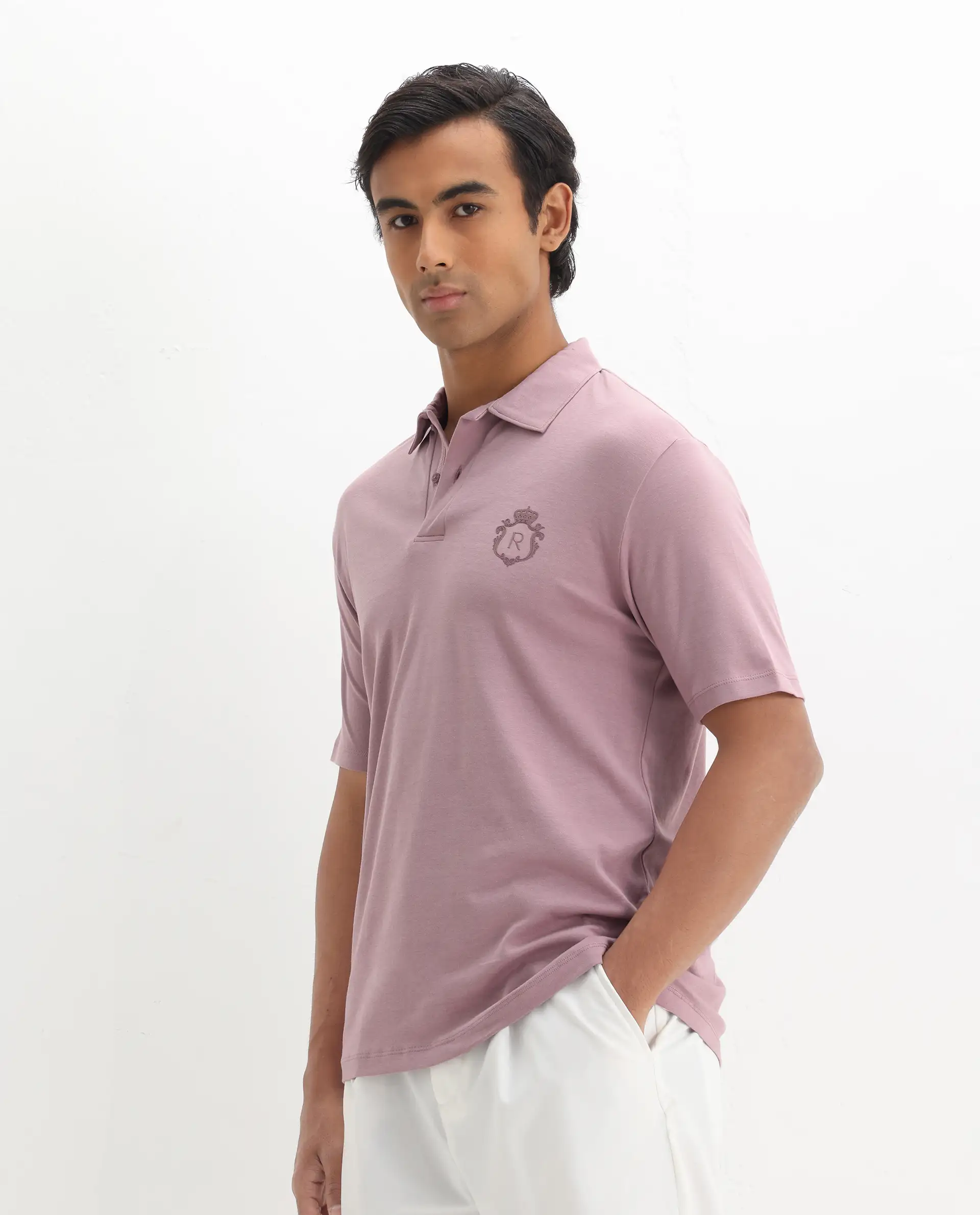 Rare Rabbit Men's Kace - Dusky Pink Cotton Plain Oversized Fit Half Sleeve Polo - Image 5