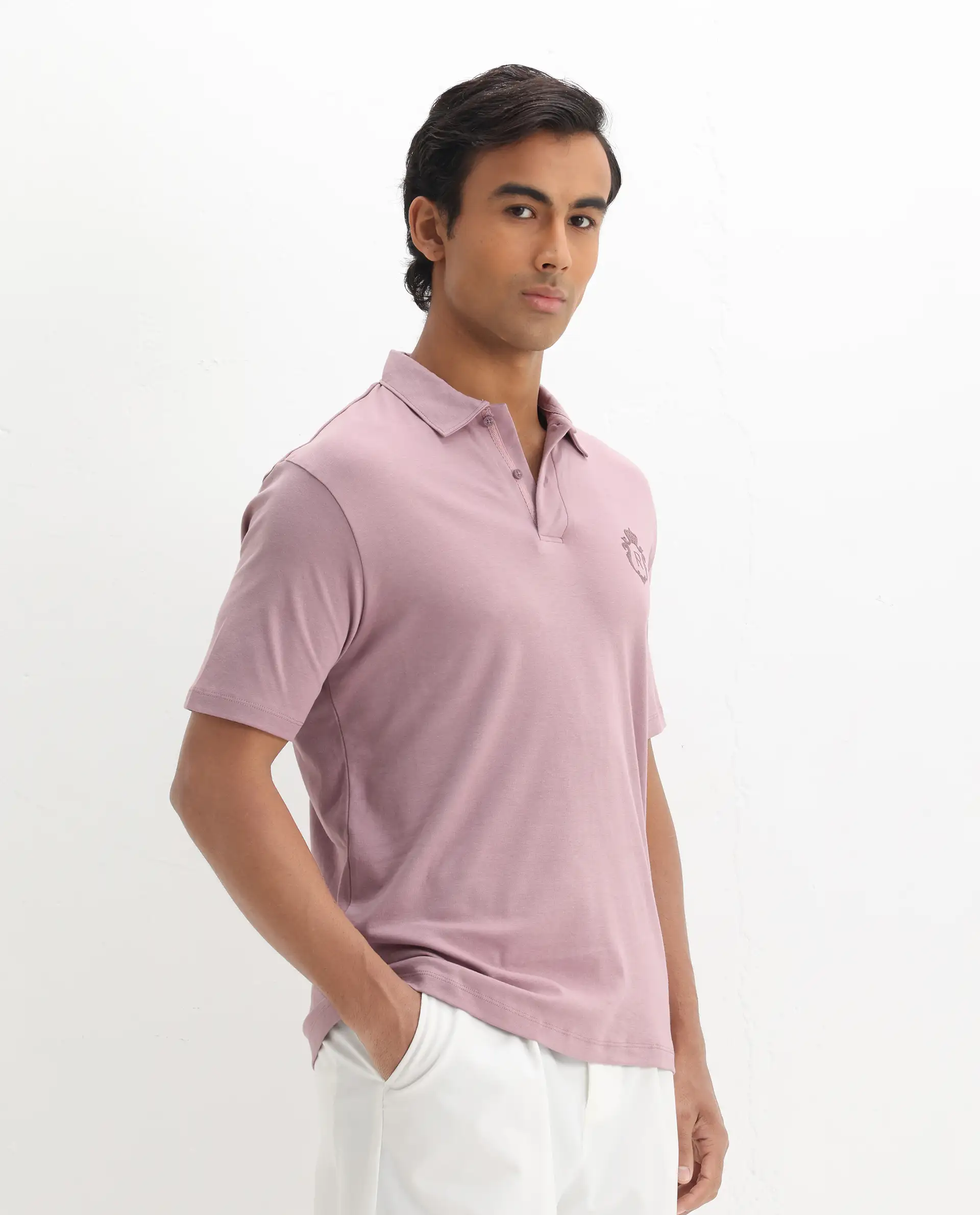 Rare Rabbit Men's Kace - Dusky Pink Cotton Plain Oversized Fit Half Sleeve Polo - Image 6