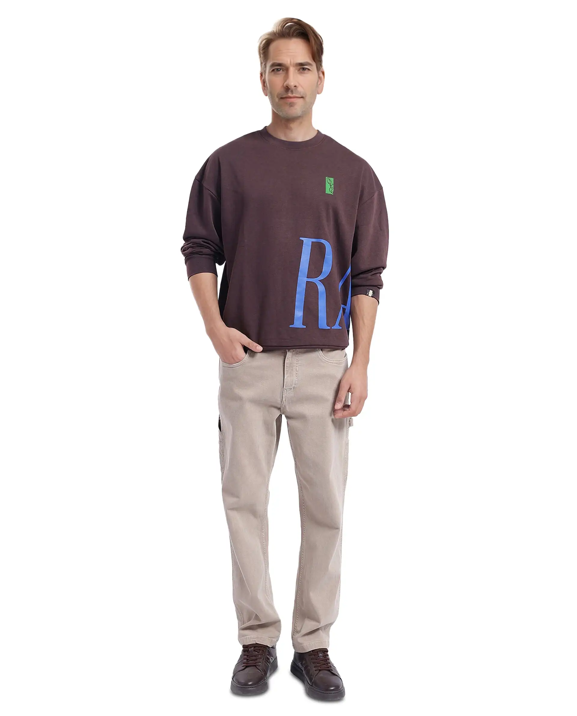 Rare Rabbit Men's Kacey Dark Brown Cotton Graphic Print Oversized Fit Full Sleeve Crew Neck Sweatshirt - Image 2