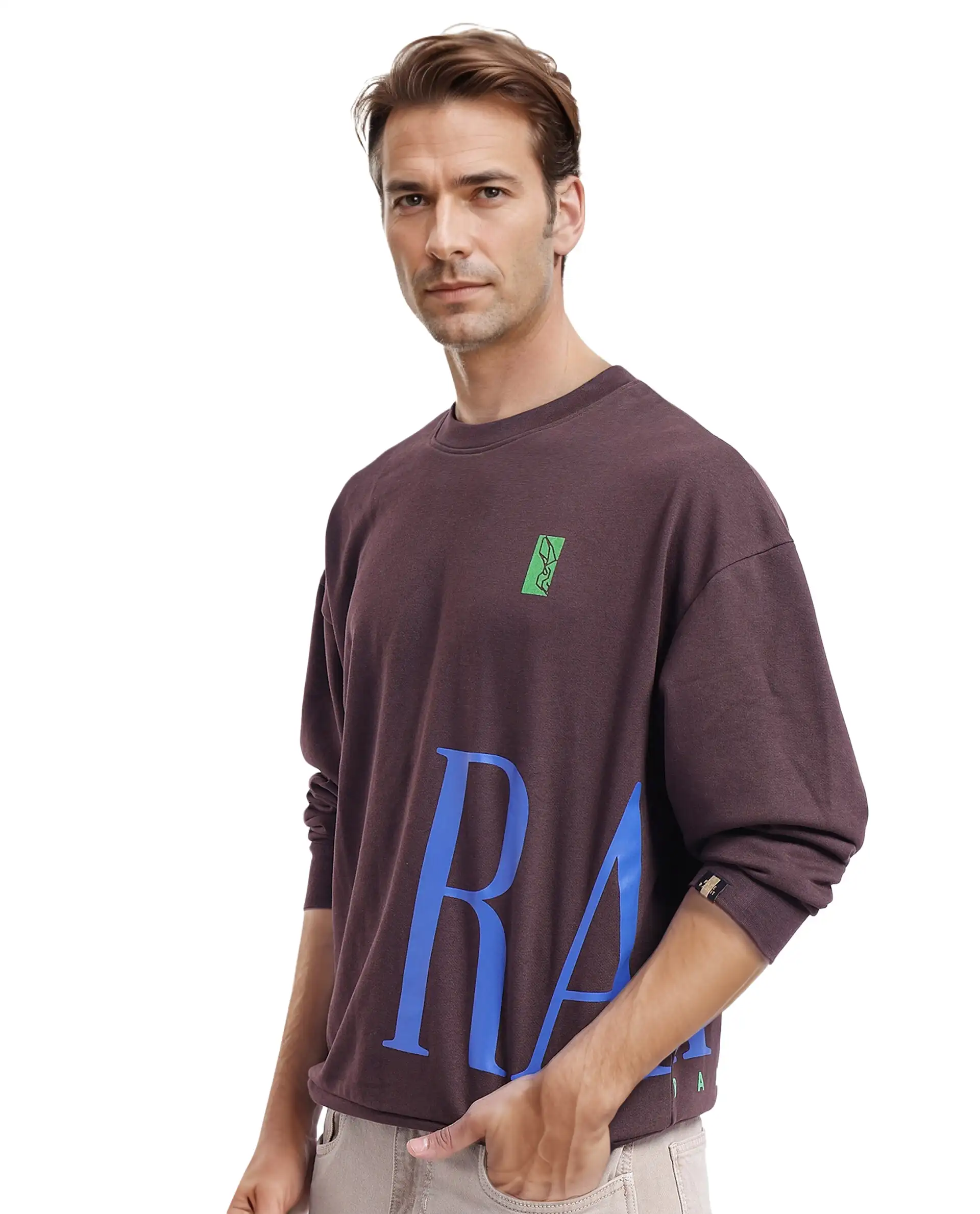 Rare Rabbit Men's Kacey Dark Brown Cotton Graphic Print Oversized Fit Full Sleeve Crew Neck Sweatshirt - Image 3