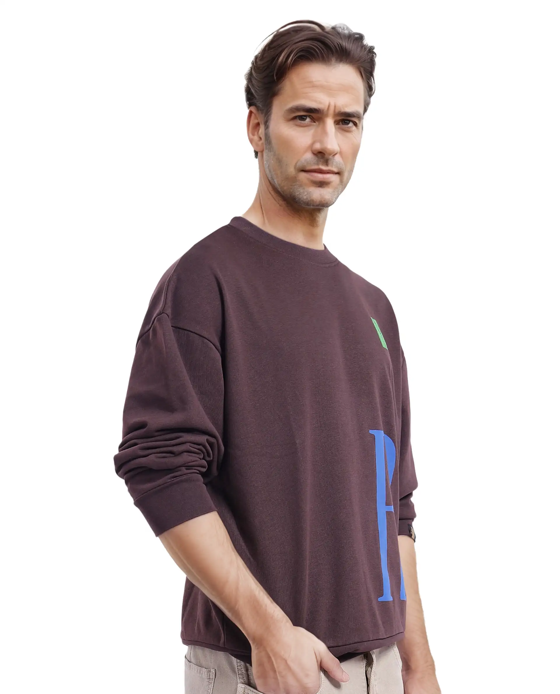 Rare Rabbit Men's Kacey Dark Brown Cotton Graphic Print Oversized Fit Full Sleeve Crew Neck Sweatshirt - Image 4