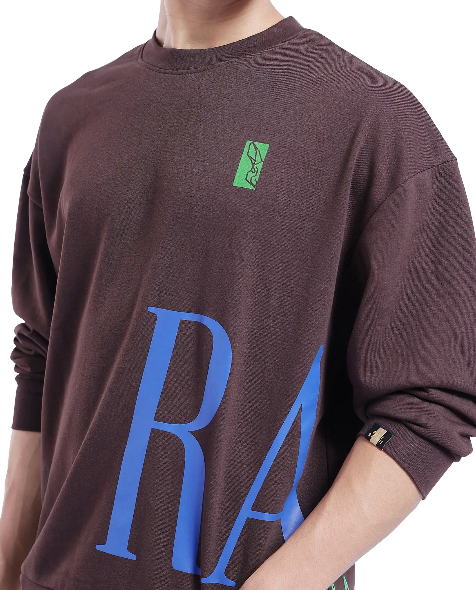 Rare Rabbit Men's Kacey Dark Brown Cotton Graphic Print Oversized Fit Full Sleeve Crew Neck Sweatshirt - Image 6