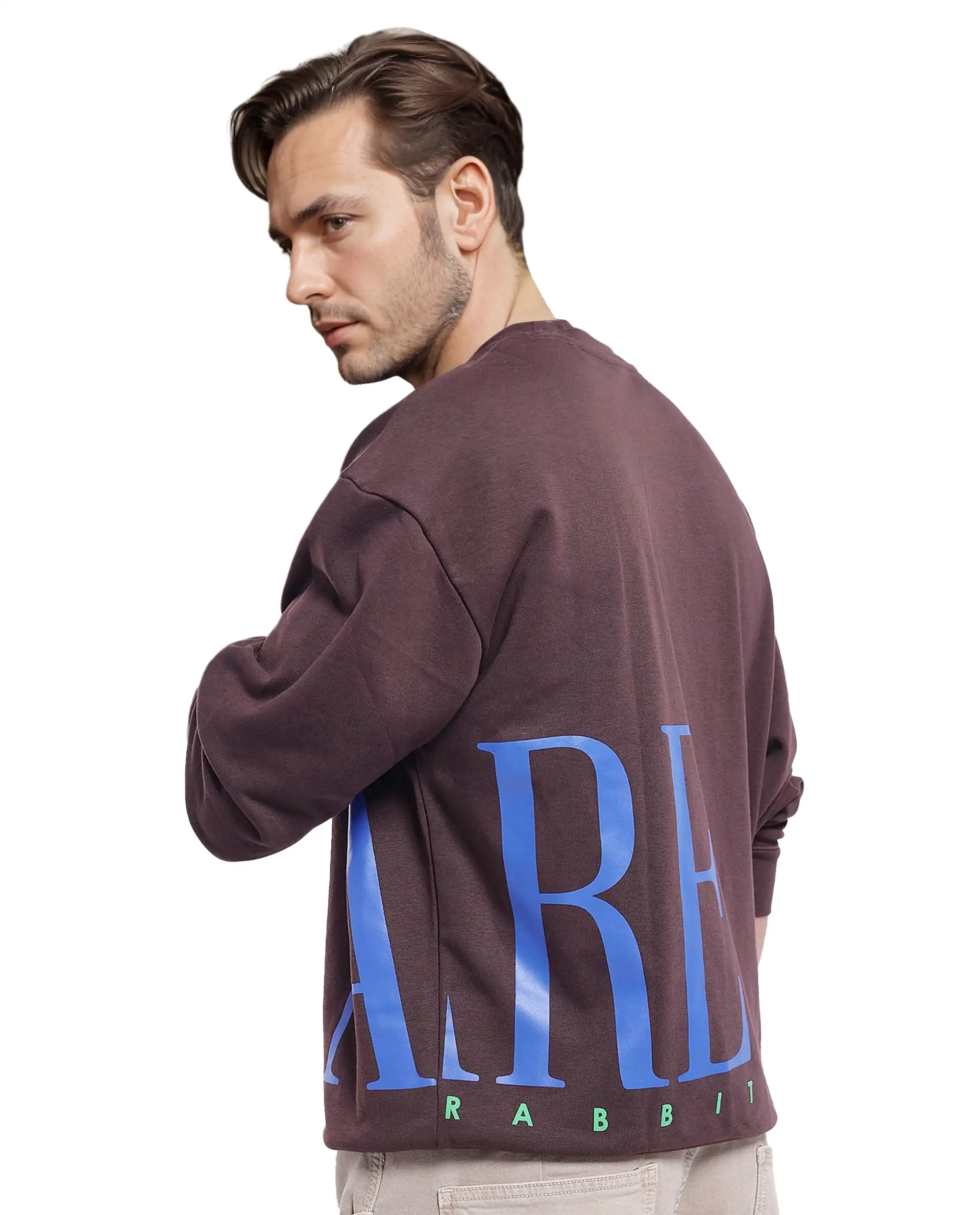 Rare Rabbit Men's Kacey Dark Brown Cotton Graphic Print Oversized Fit Full Sleeve Crew Neck Sweatshirt - Image 7