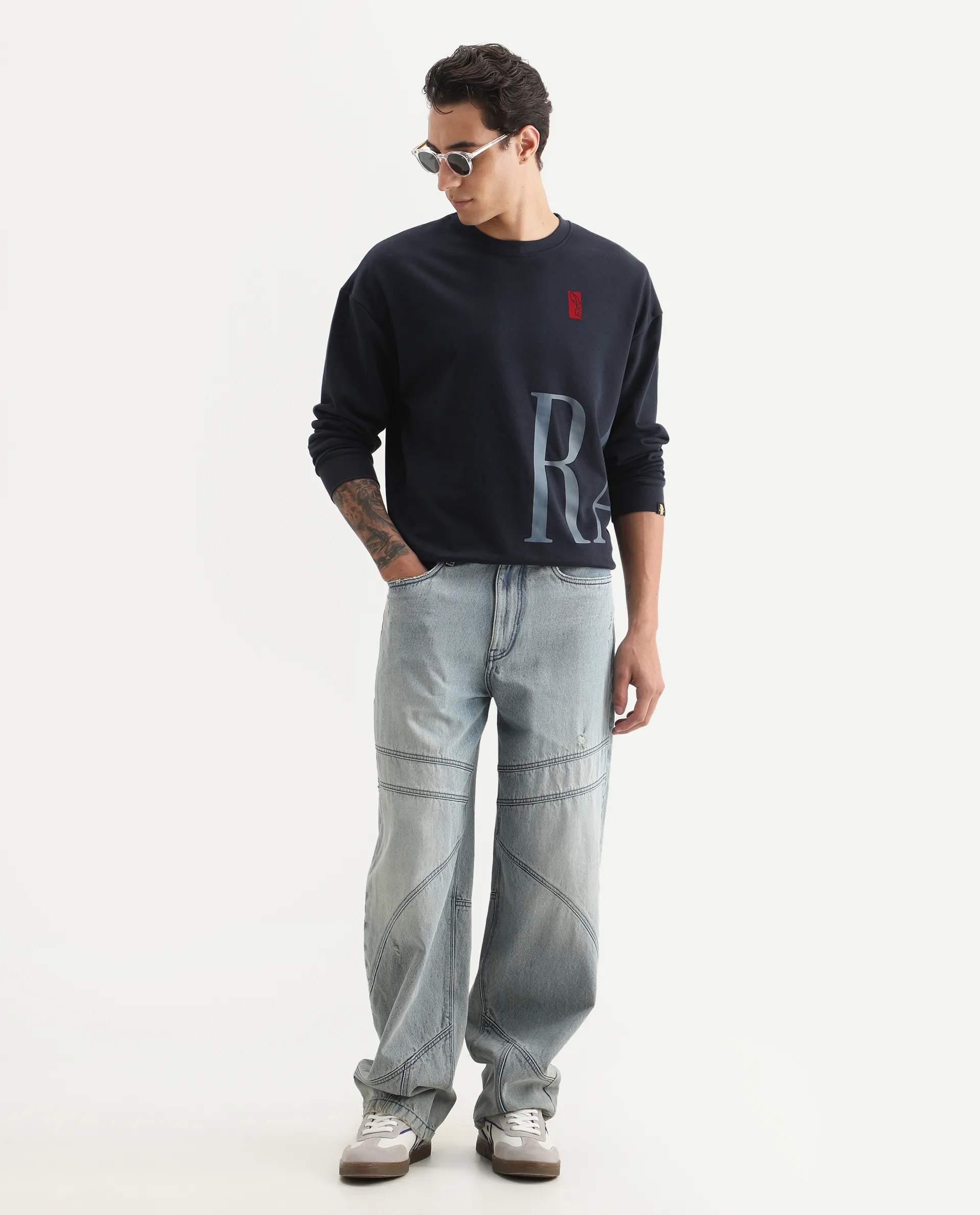 Rare Rabbit Men's Kacey Navy Cotton Graphic Print Oversized Fit Full Sleeve Crew Neck Sweatshirt - Image 2