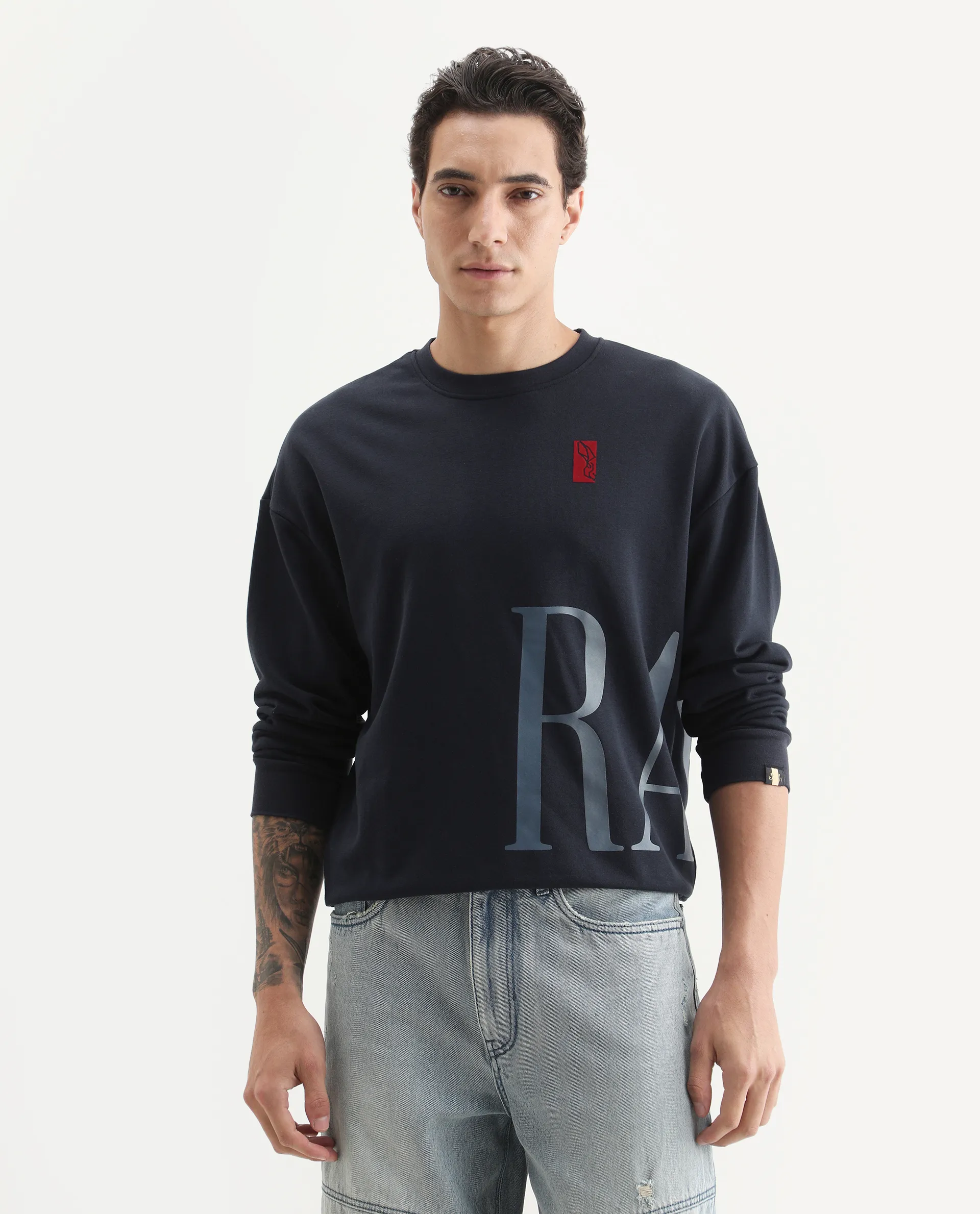 Rare Rabbit Men's Kacey Navy Cotton Graphic Print Oversized Fit Full Sleeve Crew Neck Sweatshirt - Image 3
