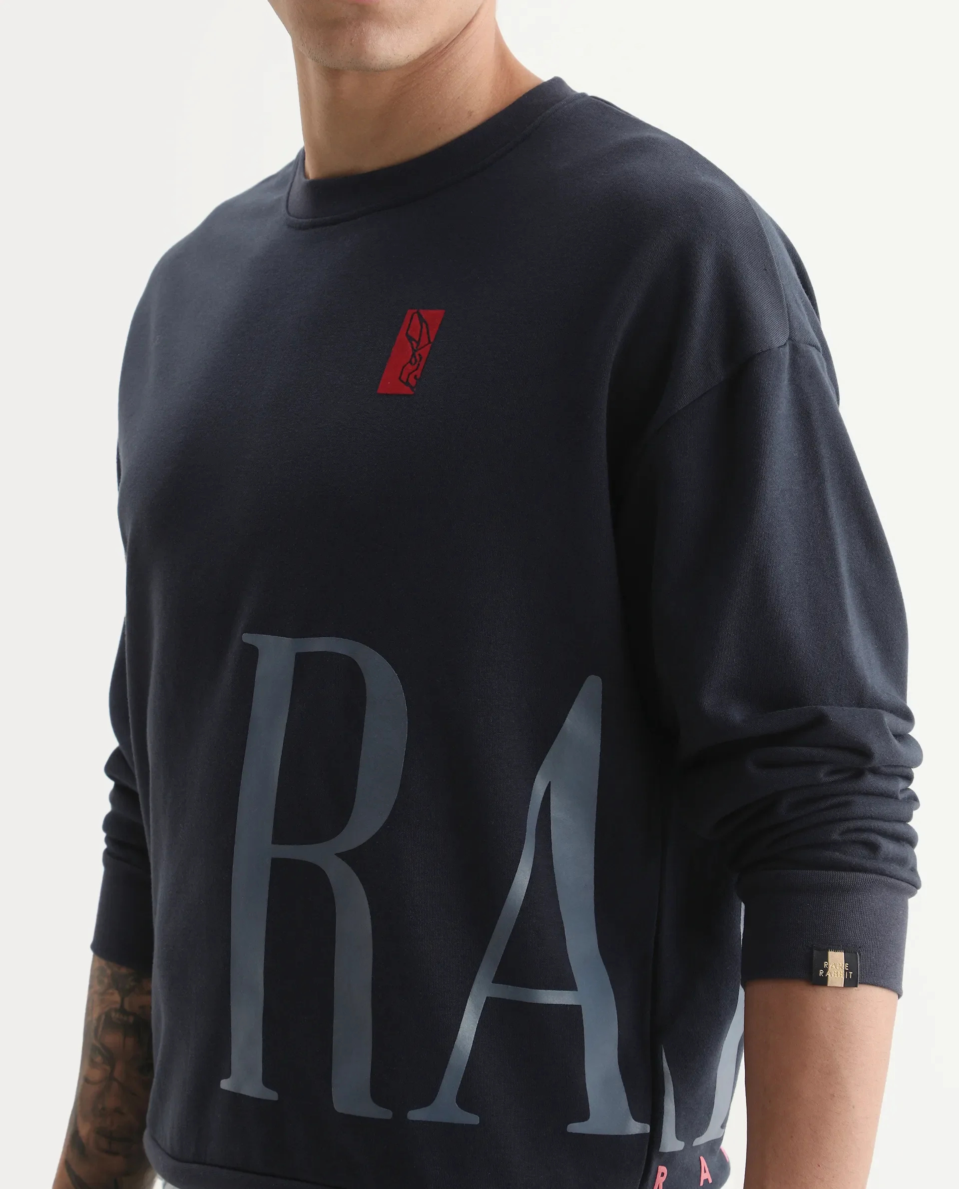 Rare Rabbit Men's Kacey Navy Cotton Graphic Print Oversized Fit Full Sleeve Crew Neck Sweatshirt - Image 4