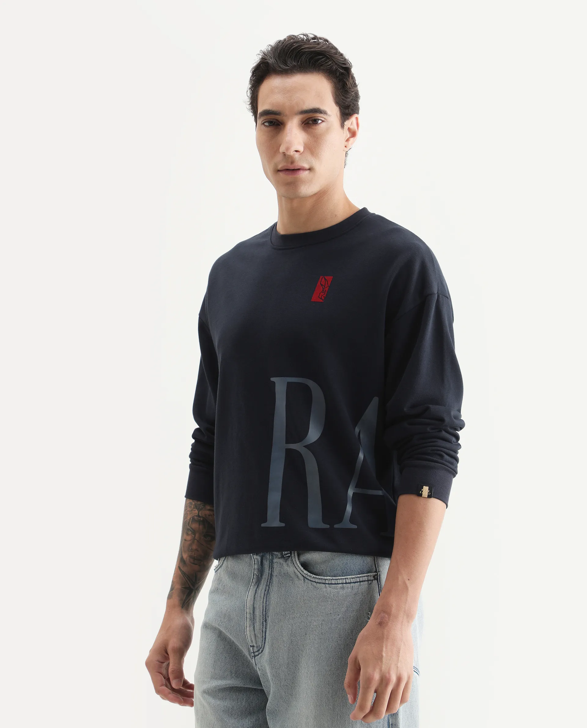 Rare Rabbit Men's Kacey Navy Cotton Graphic Print Oversized Fit Full Sleeve Crew Neck Sweatshirt - Image 5