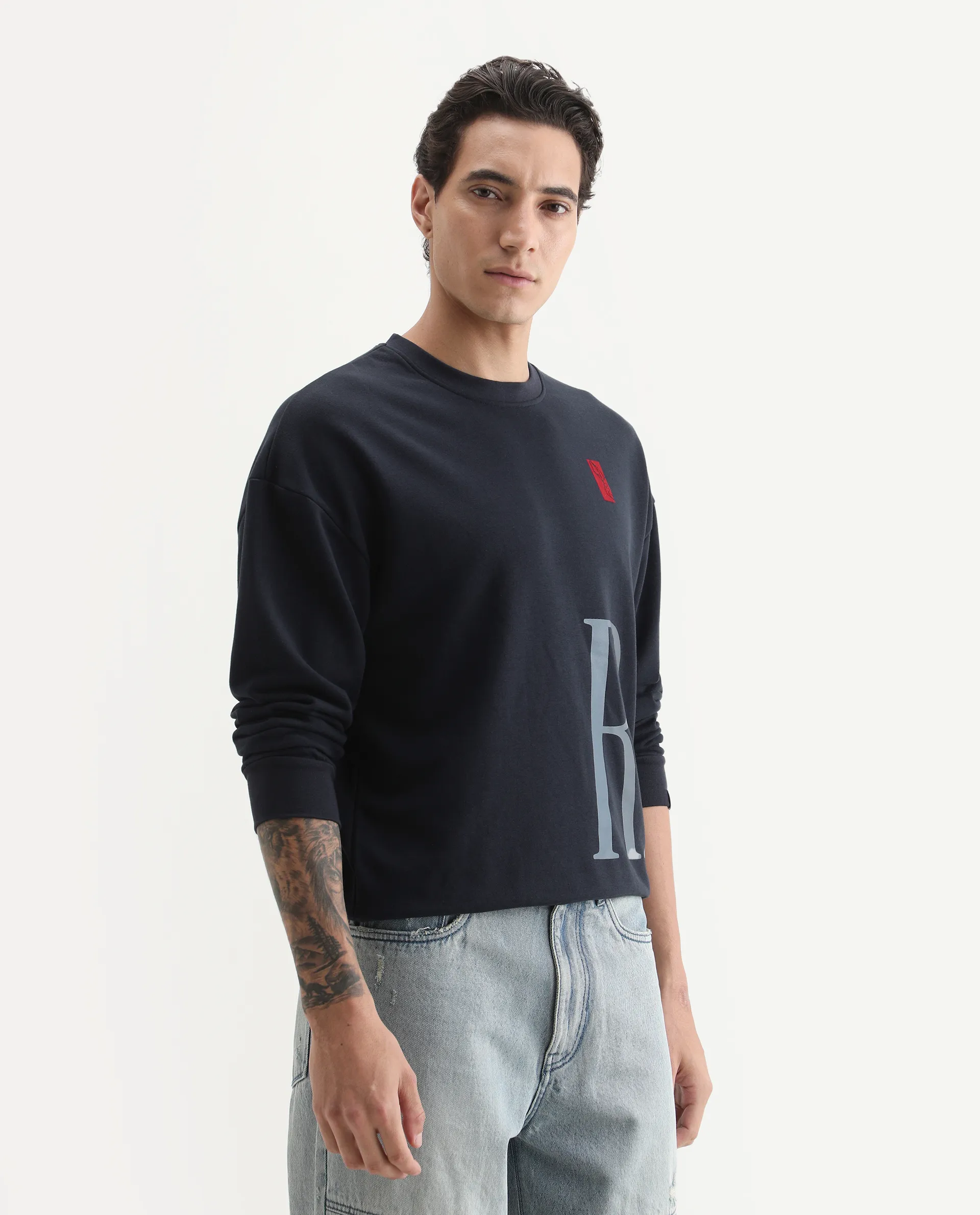 Rare Rabbit Men's Kacey Navy Cotton Graphic Print Oversized Fit Full Sleeve Crew Neck Sweatshirt - Image 6