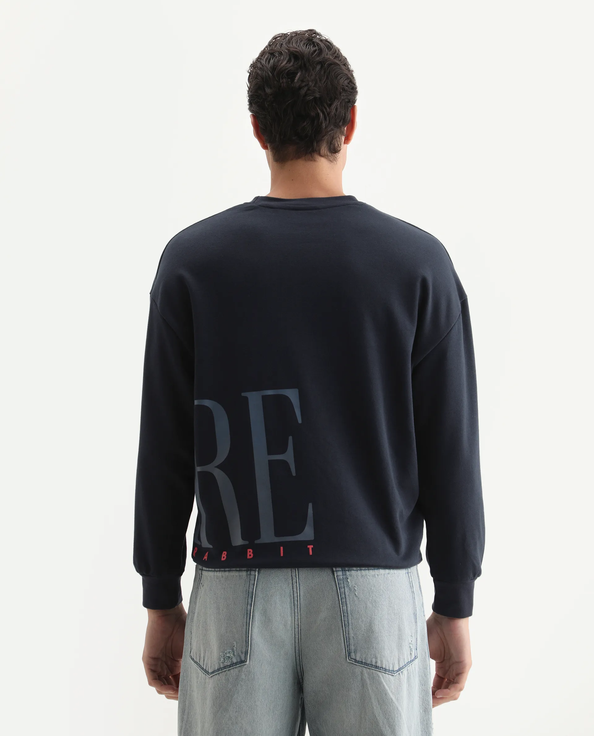 Rare Rabbit Men's Kacey Navy Cotton Graphic Print Oversized Fit Full Sleeve Crew Neck Sweatshirt - Image 7