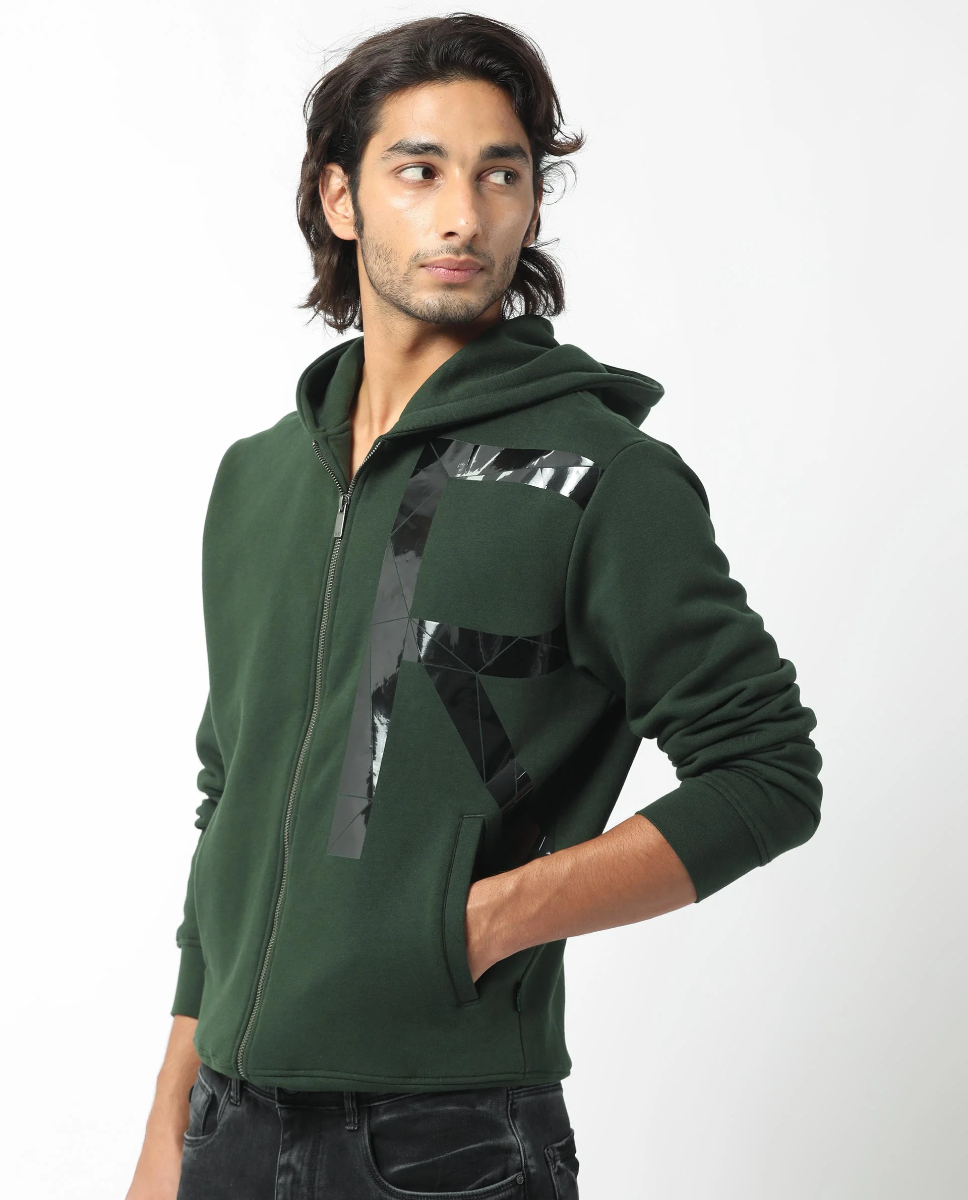 Rare Rabbit Men's Kaden Green Cotton Graphic Print Regular Fit Full Sleeve Hooded Sweatshirt - Image 3