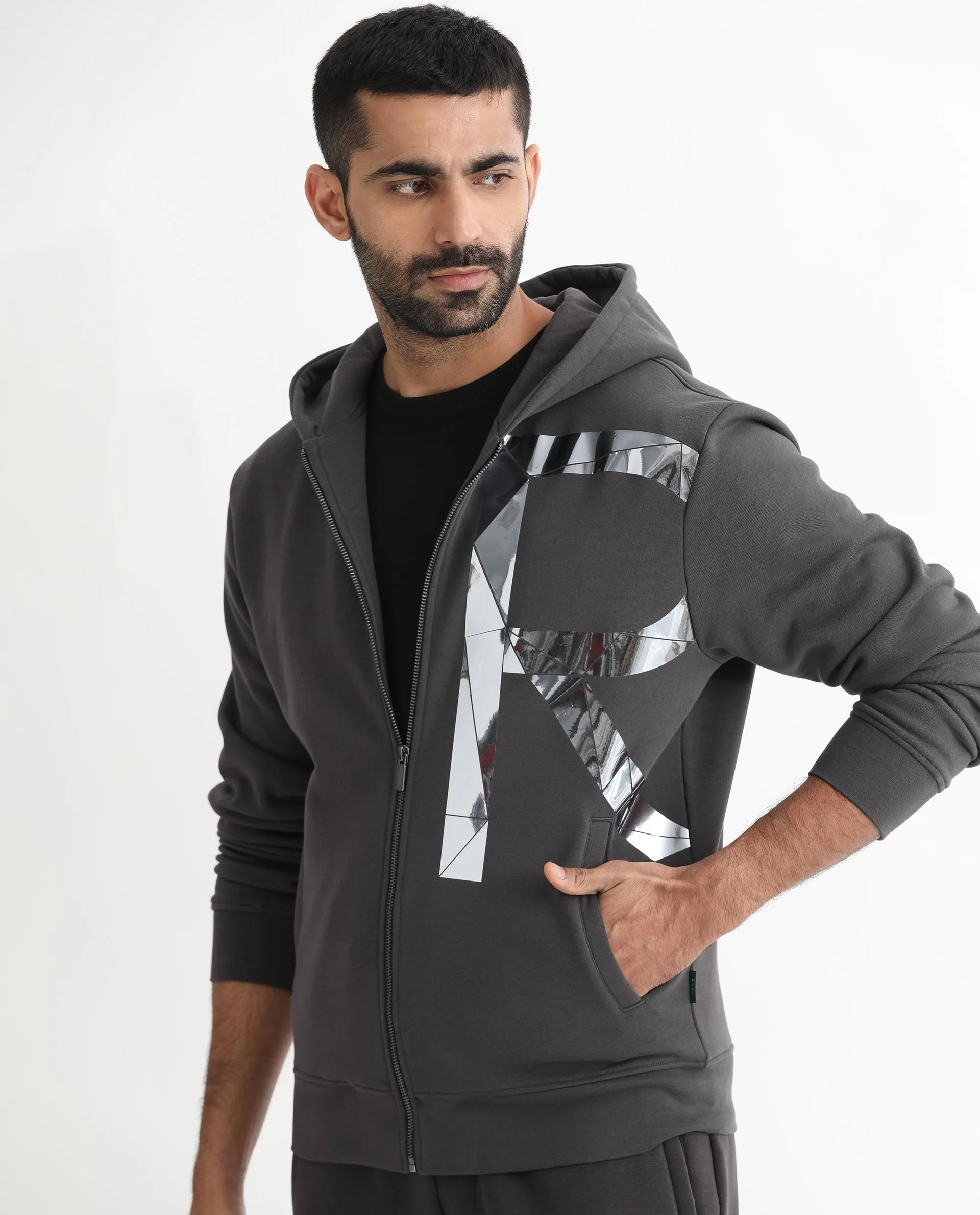 Rare Rabbit Men's Kaden Grey Cotton Graphic Print Regular Fit Full Sleeve Hooded Sweatshirt