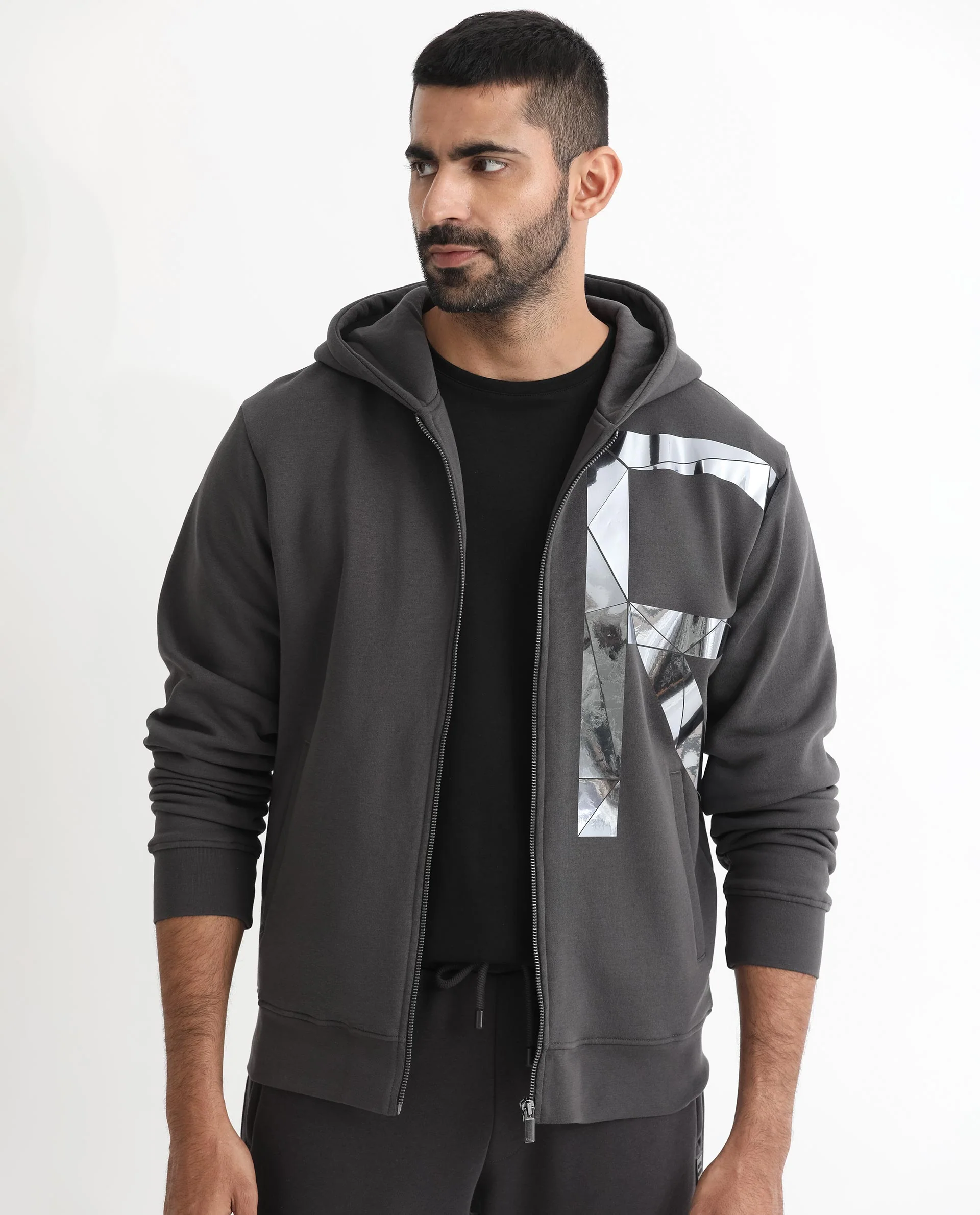 Rare Rabbit Men's Kaden Grey Cotton Graphic Print Regular Fit Full Sleeve Hooded Sweatshirt - Image 2
