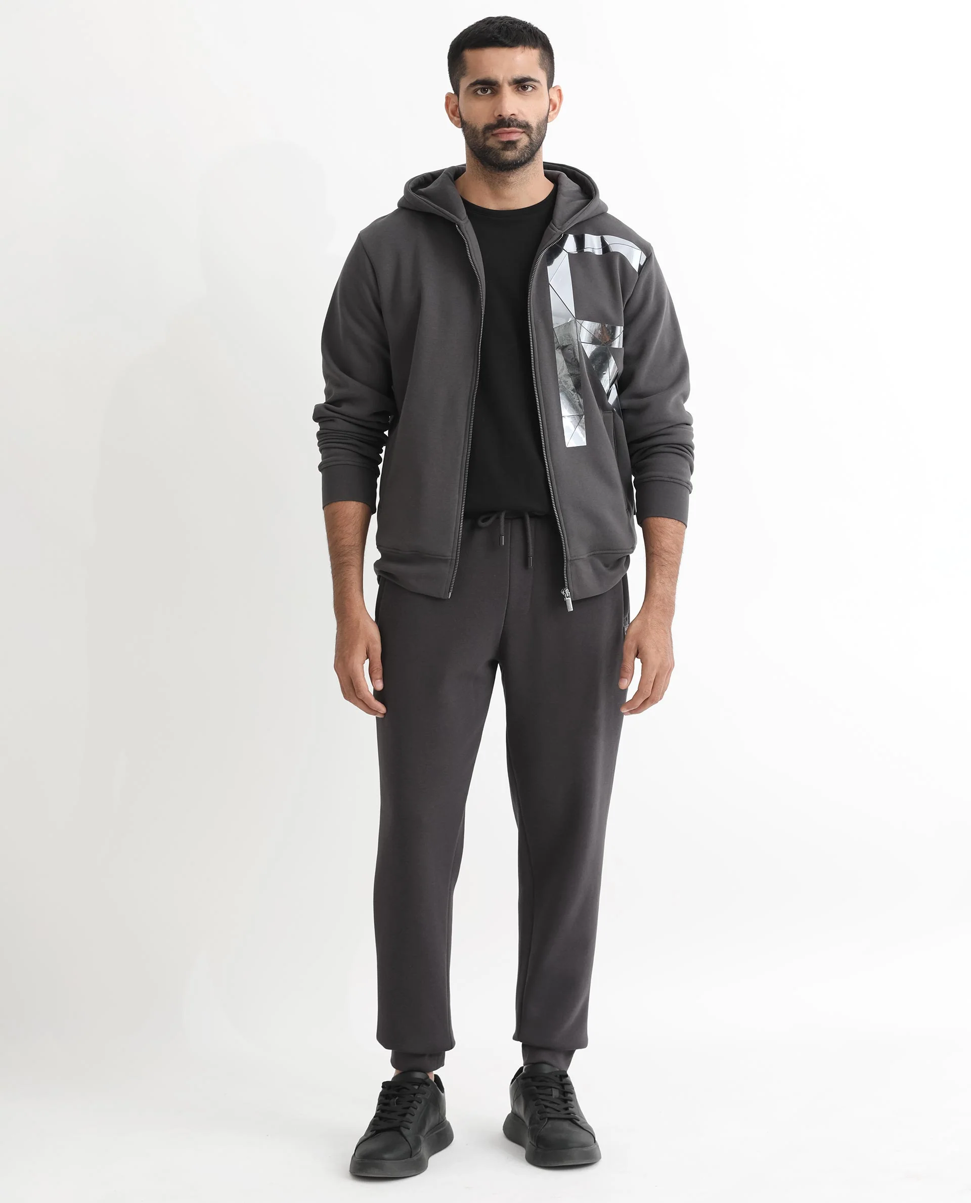 Rare Rabbit Men's Kaden Grey Cotton Graphic Print Regular Fit Full Sleeve Hooded Sweatshirt - Image 3