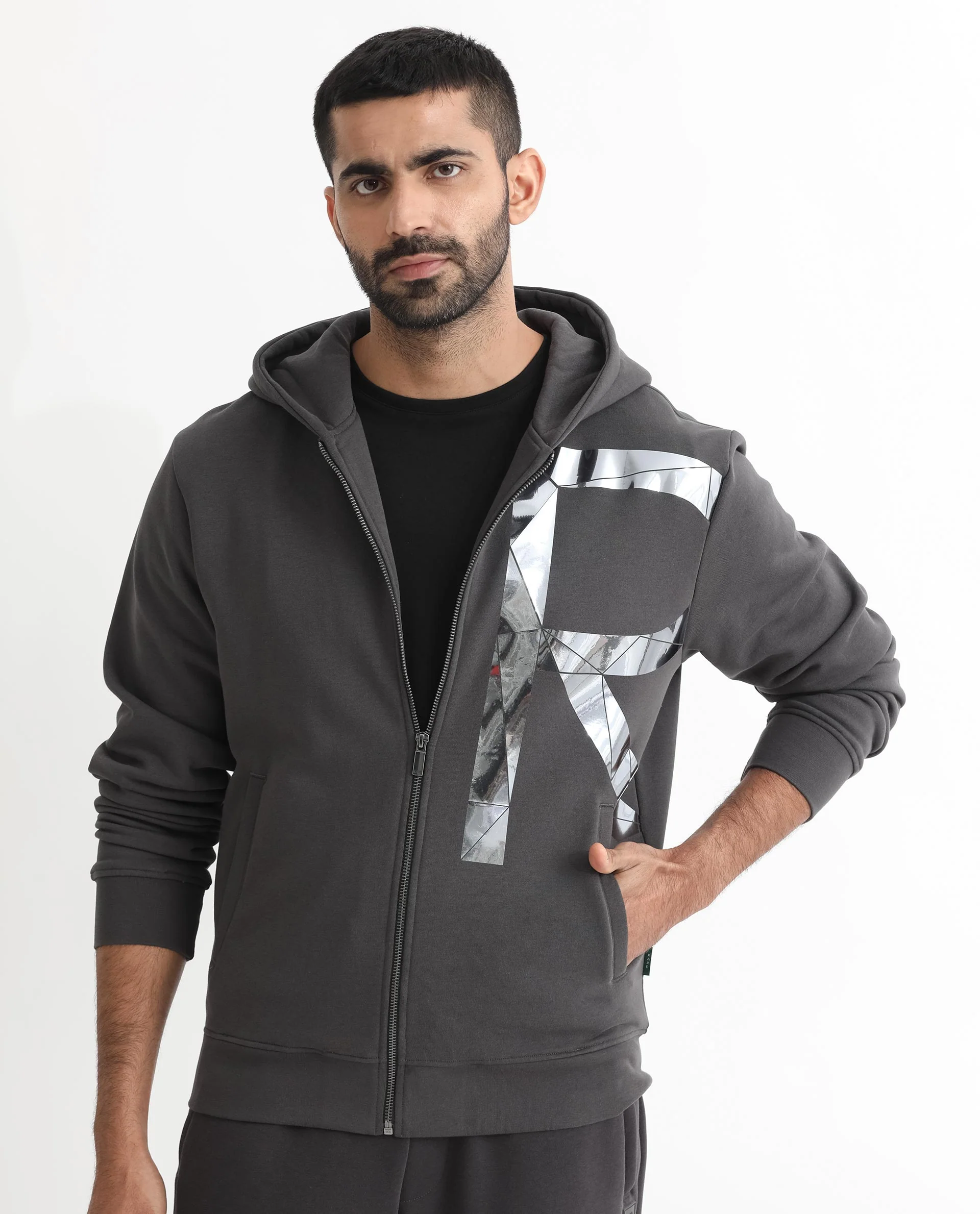 Rare Rabbit Men's Kaden Grey Cotton Graphic Print Regular Fit Full Sleeve Hooded Sweatshirt - Image 4