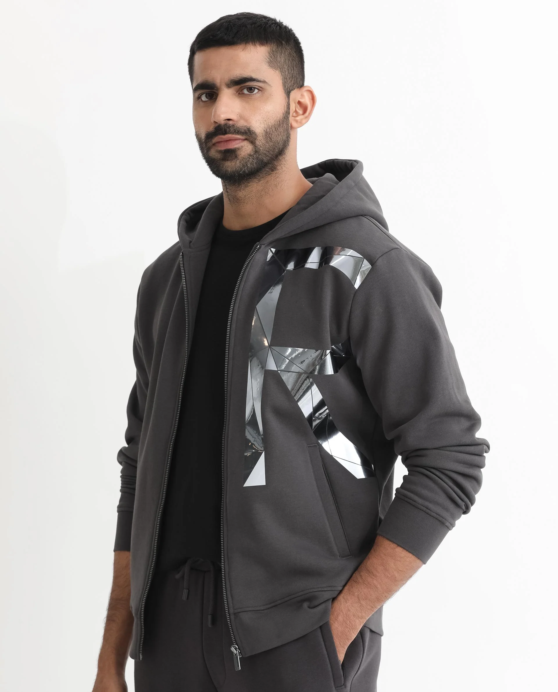 Rare Rabbit Men's Kaden Grey Cotton Graphic Print Regular Fit Full Sleeve Hooded Sweatshirt - Image 5
